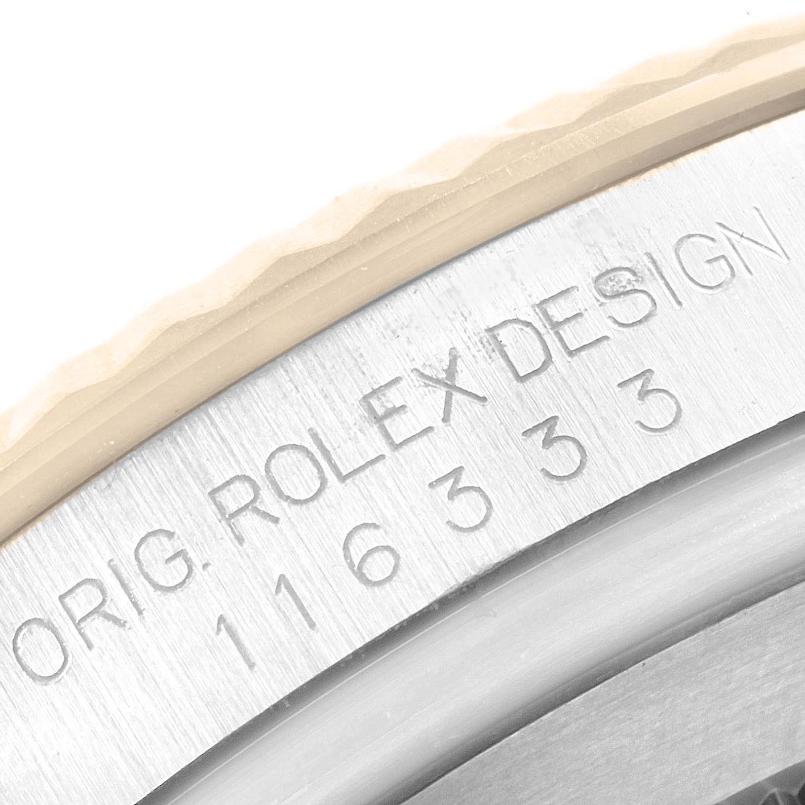 This image shows a close-up of the reference number and engraving on the case-back of a Rolex Datejust 41 116333 Men's Steel and Gold (two tone) Black Dial 116333 Men's Steel and Gold (two tone) Black Dial watch.