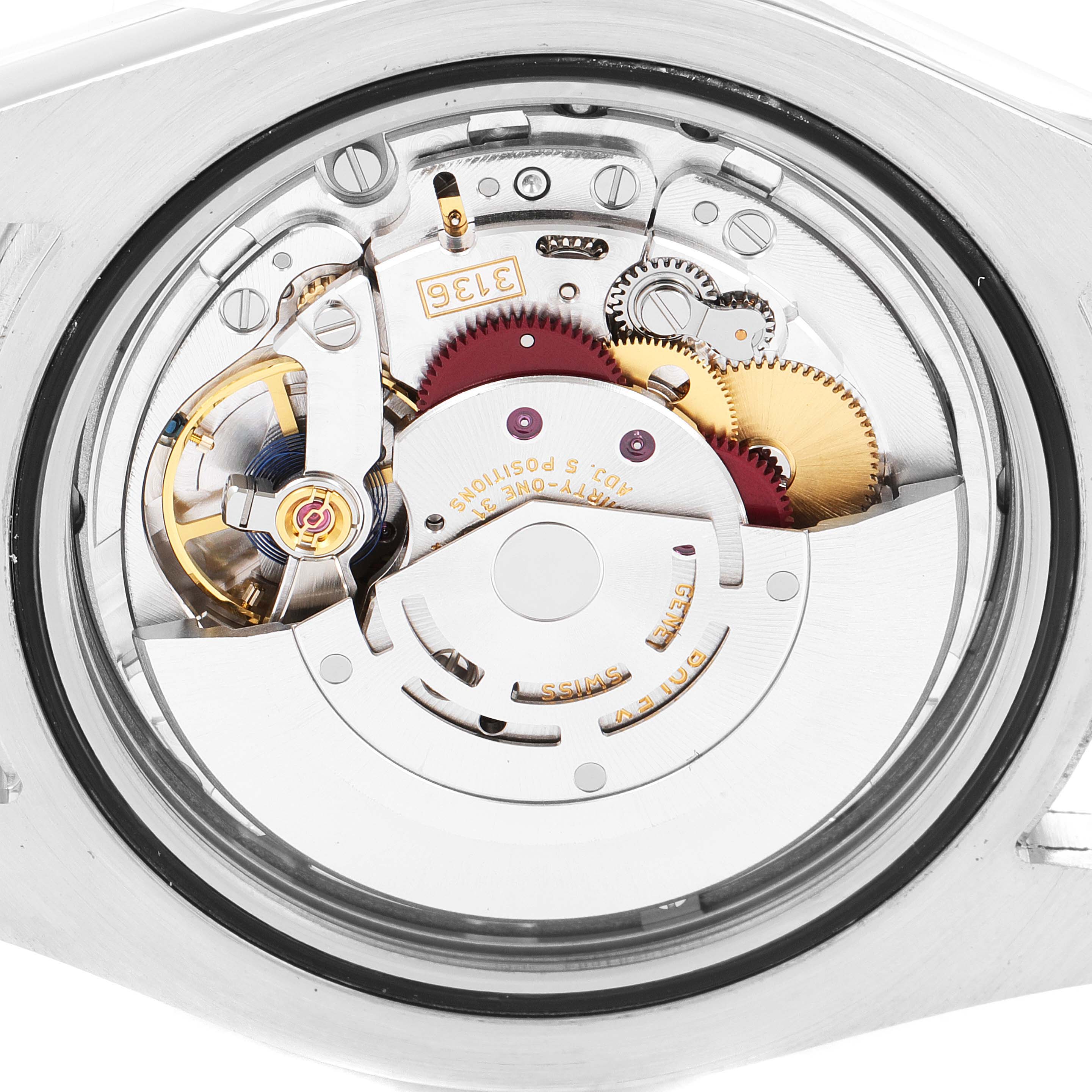 The image shows an interior view of the Rolex Datejust 41 116333 Men's Steel and Gold (two tone) Black Dial 116333 Men's Steel and Gold (two tone) Black Dial model's movement mechanism from the back.