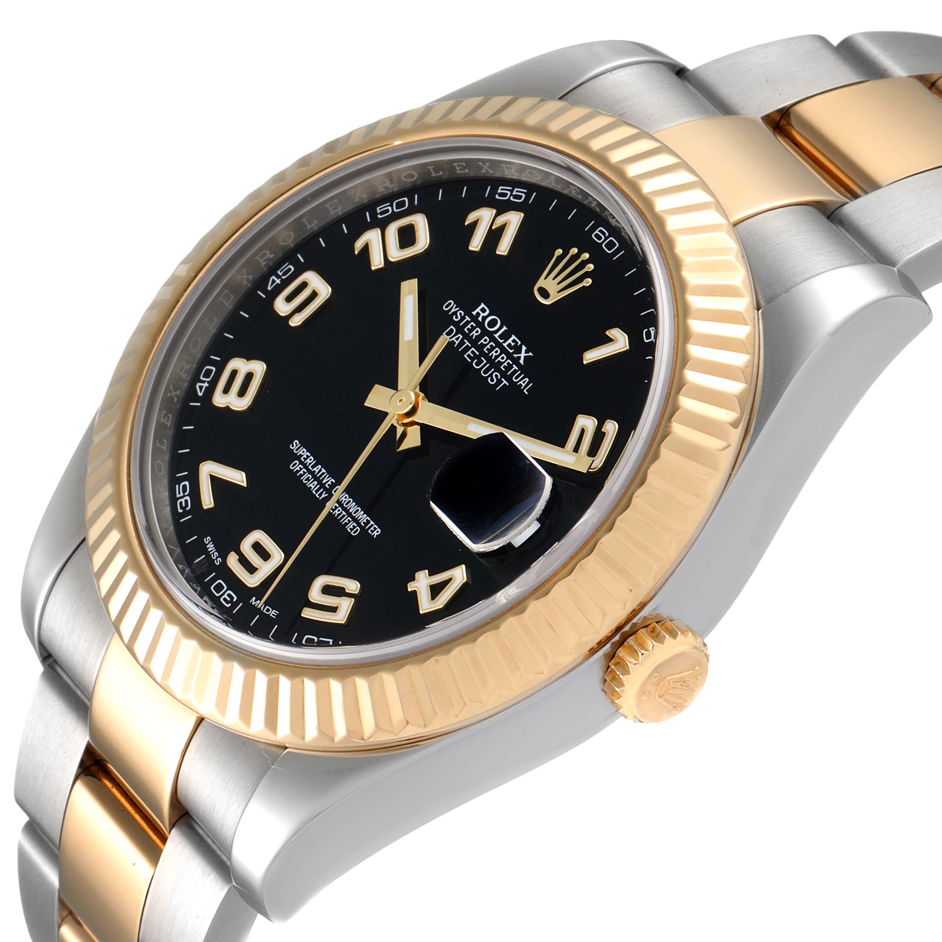 The image shows a side angle of a Rolex Datejust 41 116333 Men's Steel and Gold (two tone) Black Dial 116333 Men's Steel and Gold (two tone) Black Dial watch, highlighting the dial, bezel, crown, and part of the bracelet.