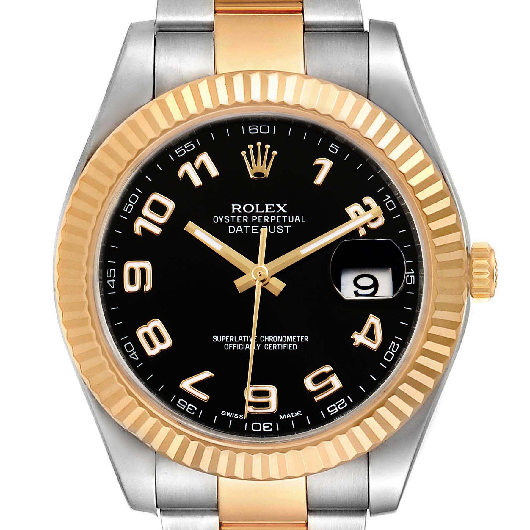 The image shows a Rolex Datejust 41 116333 Men's Steel and Gold (two tone) Black Dial 116333 Men's Steel and Gold (two tone) Black Dial watch, featuring a black dial, fluted bezel in gold, and a partially visible two-tone bracelet.