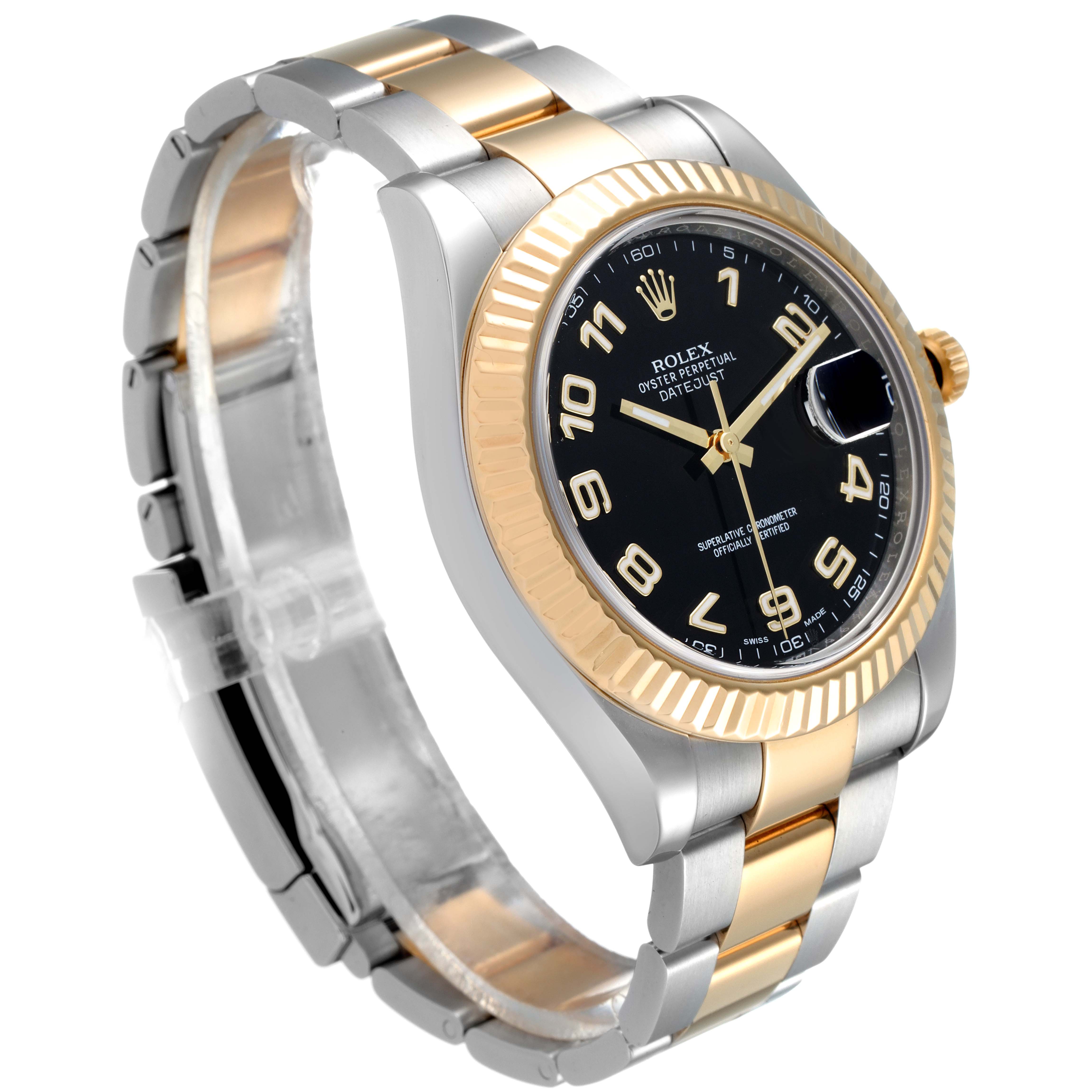 This image shows a Rolex Datejust 41 116333 Men's Steel and Gold (two tone) Black Dial 116333 Men's Steel and Gold (two tone) Black Dial watch at an angled view displaying the gold bezel, black dial, and two-tone bracelet.