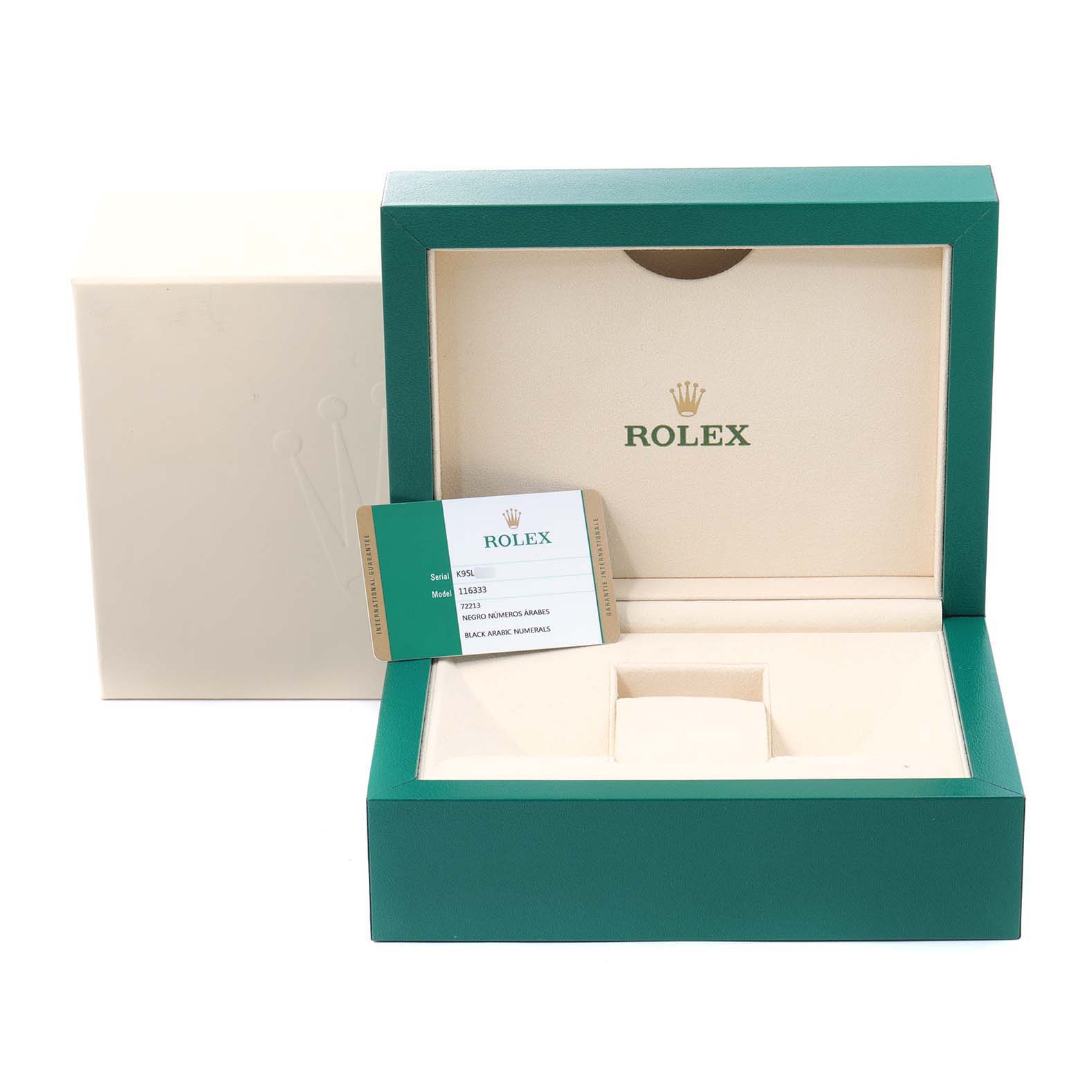 This image shows the packaging and an identification card for the Rolex Datejust 41 116333 Men's Steel and Gold (two tone) Black Dial 116333 Men's Steel and Gold (two tone) Black Dial.
