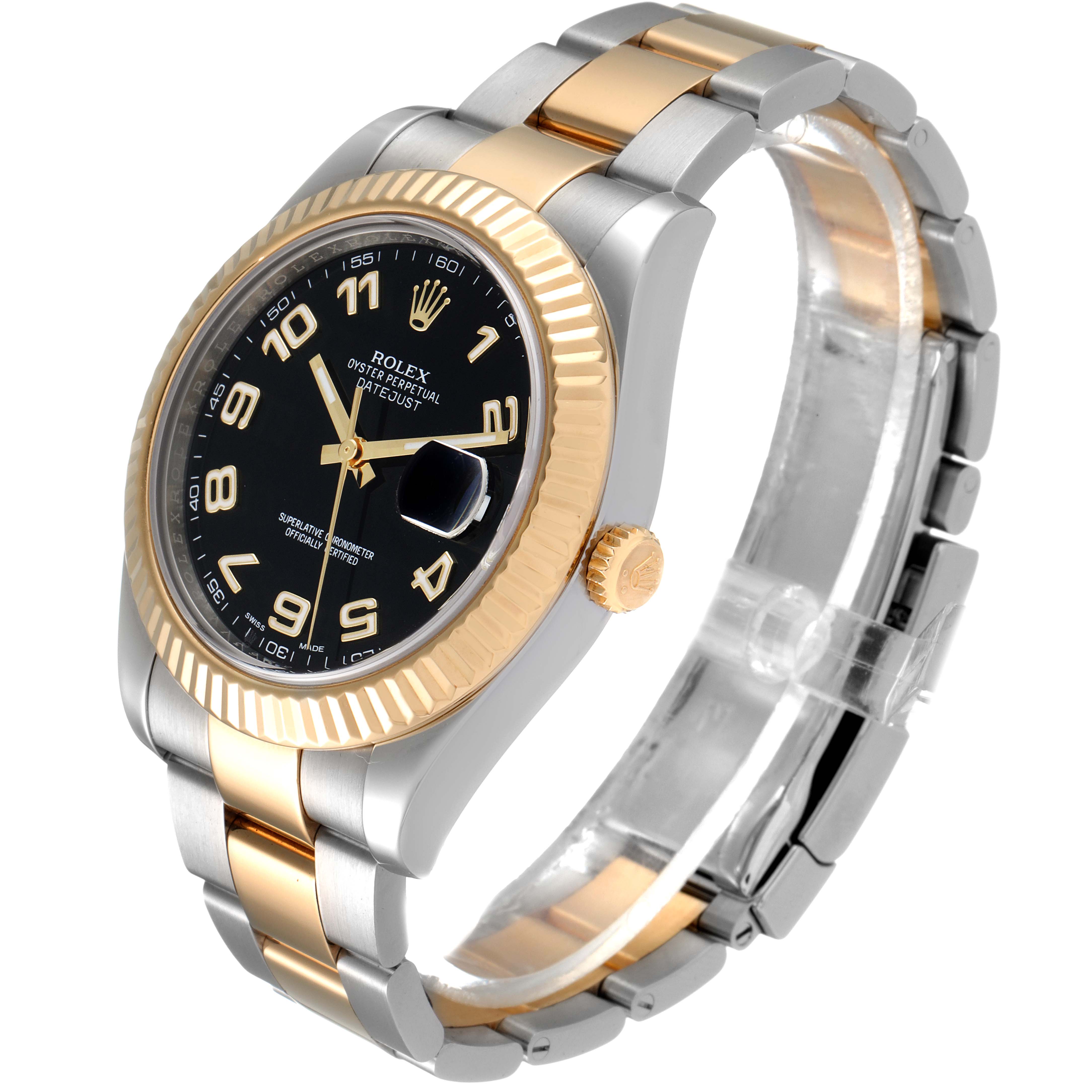 The image shows a Rolex Datejust 41 116333 Men's Steel and Gold (two tone) Black Dial 116333 Men's Steel and Gold (two tone) Black Dial watch at an oblique angle highlighting the dial, bezel, and two-tone bracelet.