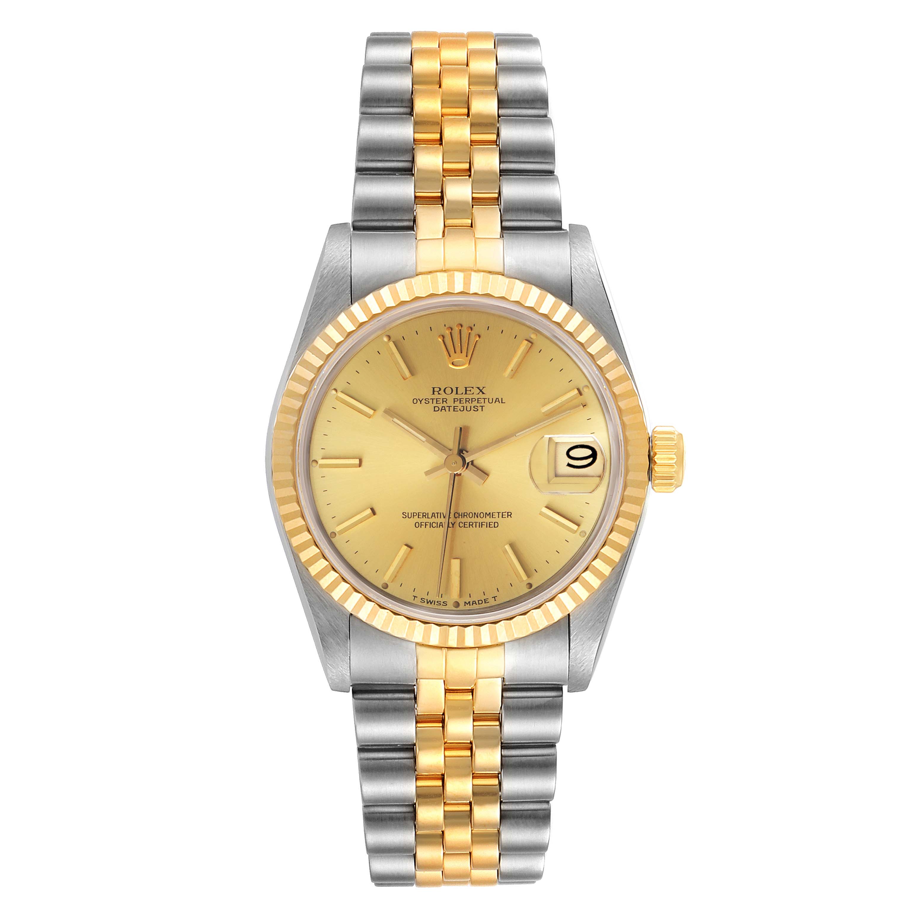 This front-facing view of the Rolex Mid-Size 68273 Women's Steel and Gold (two tone) Champagne Dial 68273 Women's Steel and Gold (two tone) Champagne Dial Oyster Perpetual Datejust showcases its two-tone bracelet, fluted bezel, and date window.