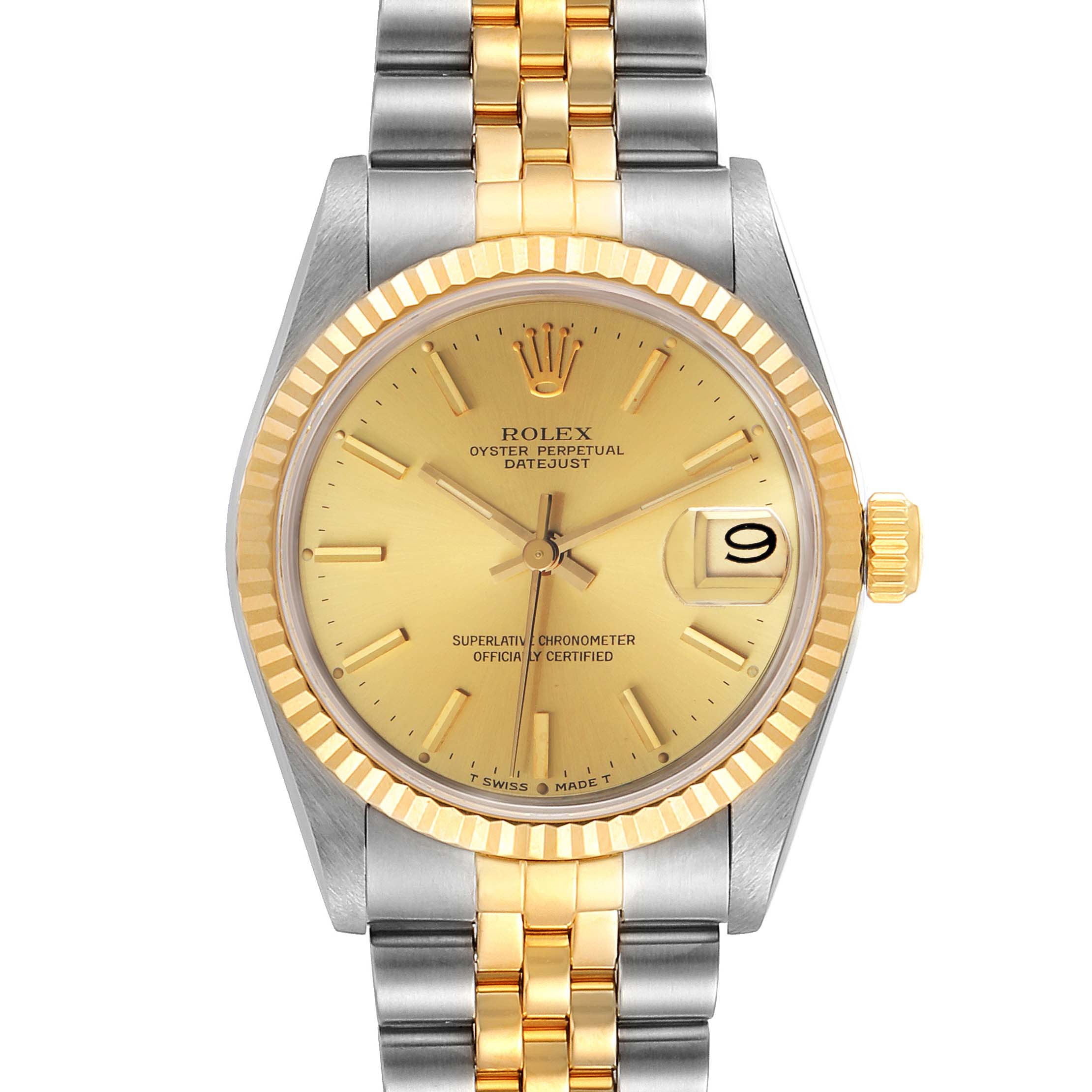 This image shows the front view of a Rolex Mid-Size 68273 Women's Steel and Gold (two tone) Champagne Dial 68273 Women's Steel and Gold (two tone) Champagne Dial Oyster Perpetual Datejust watch, featuring its dial, bezel, and bracelet.
