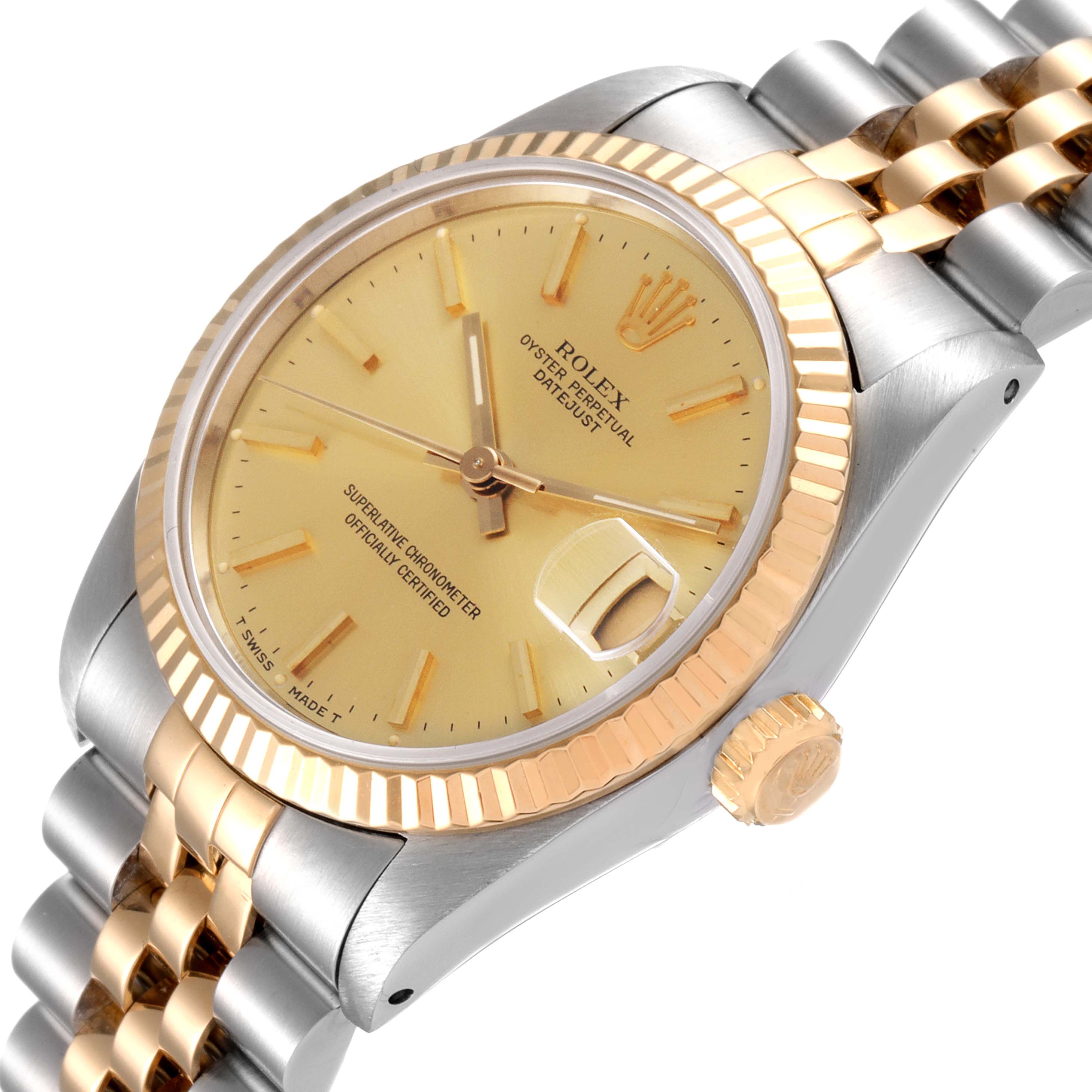 This image shows a close-up, angled view of a Rolex Mid-Size 68273 Women's Steel and Gold (two tone) Champagne Dial 68273 Women's Steel and Gold (two tone) Champagne Dial Oyster Perpetual Datejust watch, highlighting the dial, bezel, and bracelet.