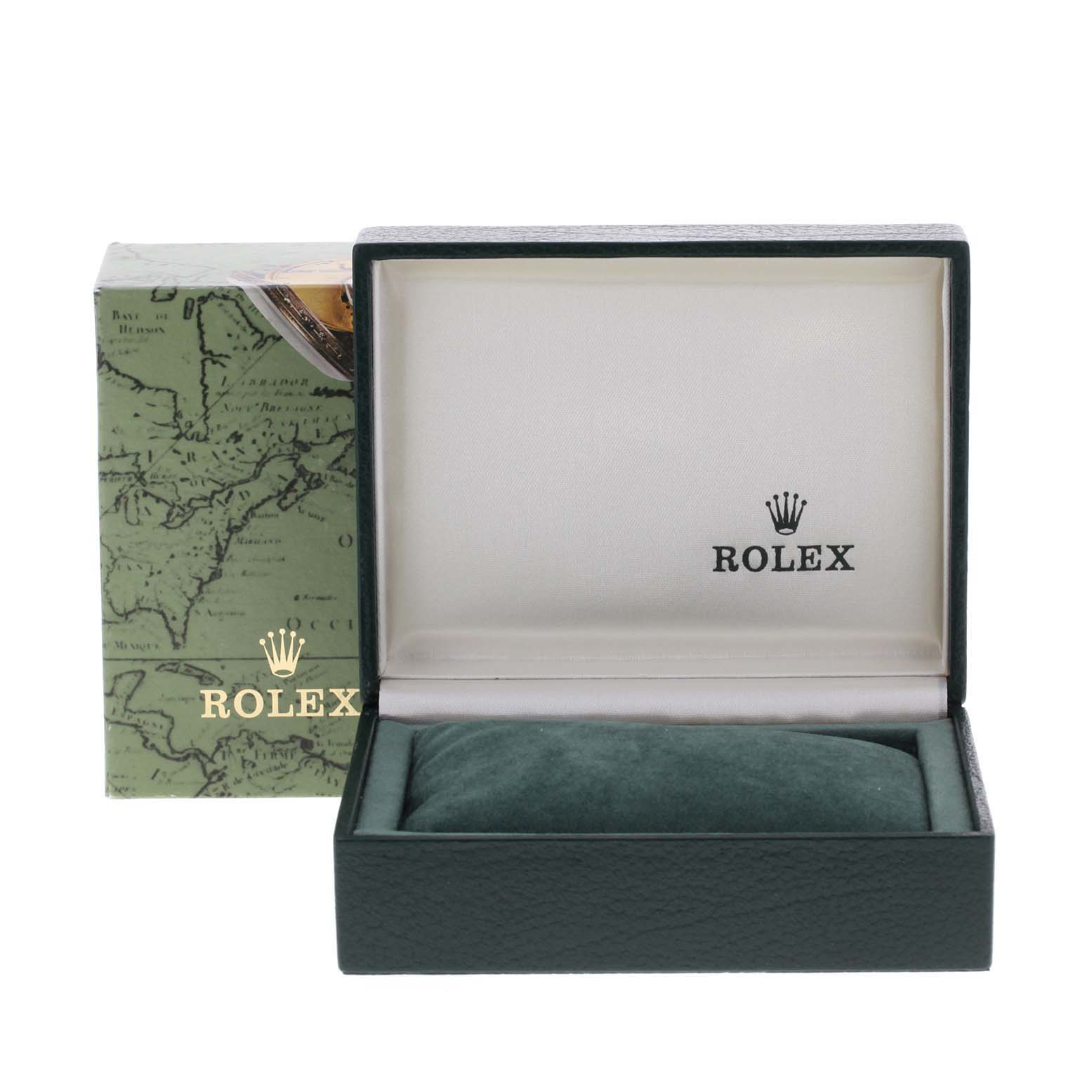 The image shows the open box of a Mid-Size Rolex watch, featuring the brand's logo inside and on the outer box.