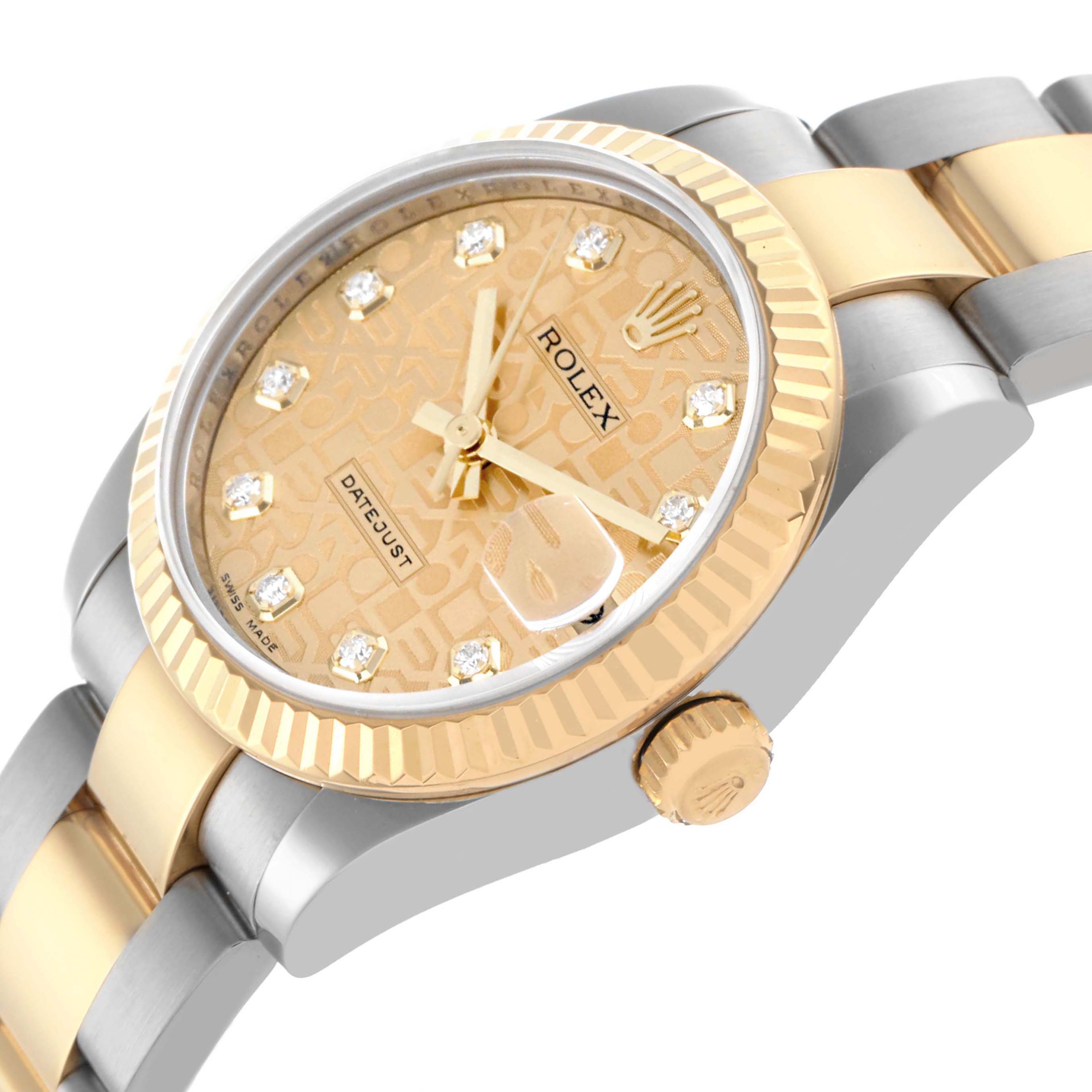 This Rolex Mid-Size 178273 Women's Steel and Gold (two tone) Champagne Dial 178273 Women's Steel and Gold (two tone) Champagne Dial watch is shown from a side angle highlighting the dial, crown, and part of the bracelet.