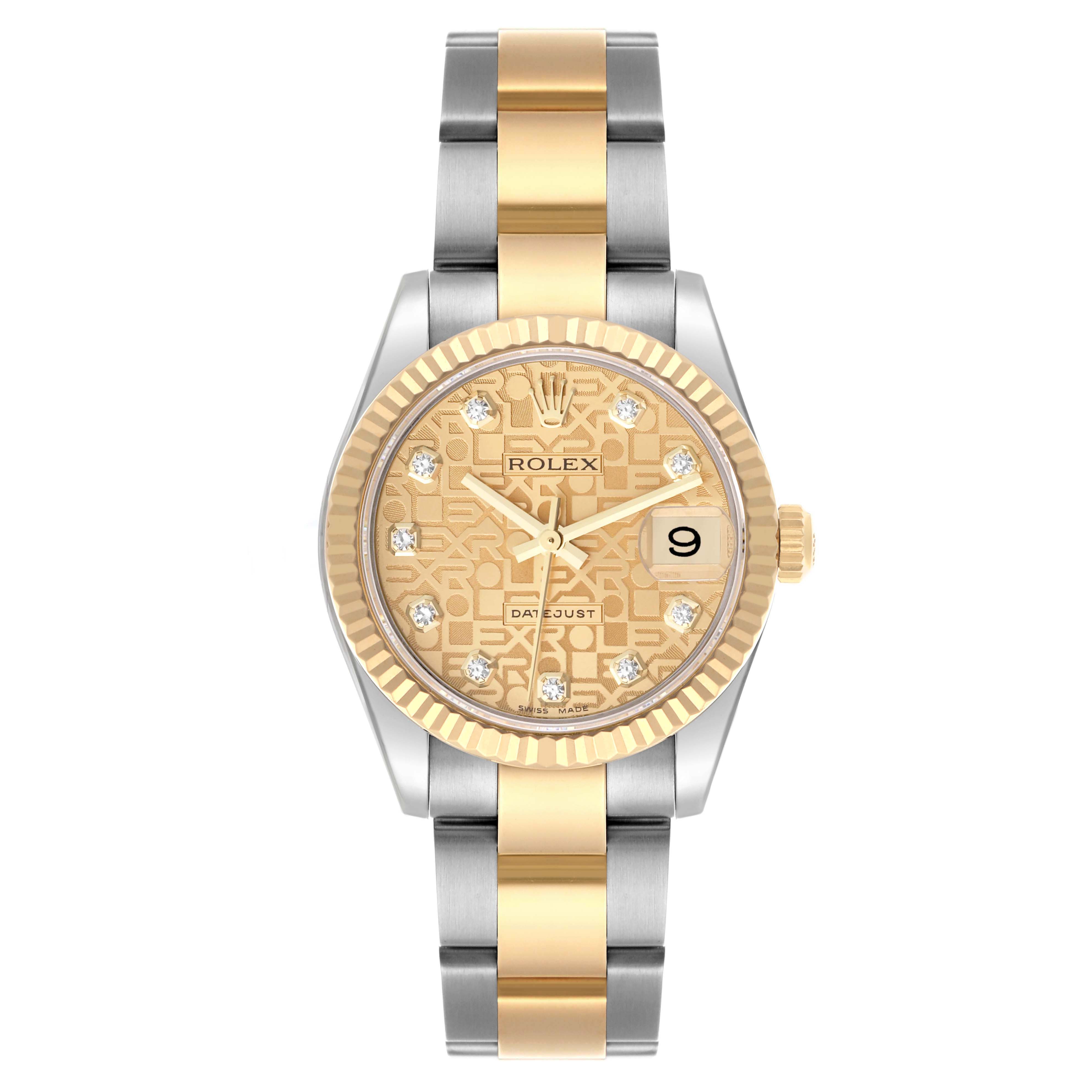 The Rolex Mid-Size 178273 Women's Steel and Gold (two tone) Champagne Dial 178273 Women's Steel and Gold (two tone) Champagne Dial Datejust watch is shown from a top-down angle, featuring a two-tone bracelet, fluted bezel, and patterned dial.