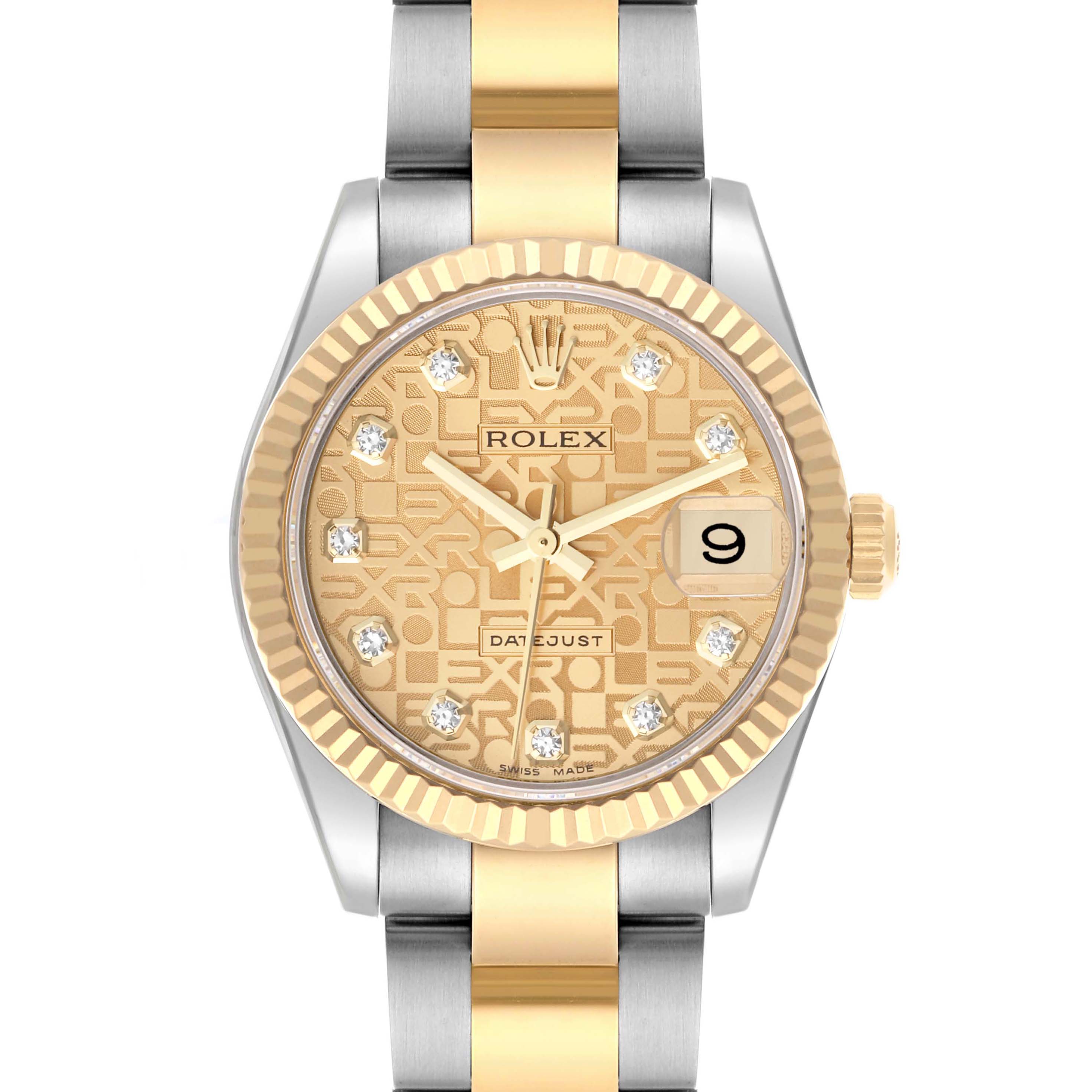 The Rolex Mid-Size 178273 Women's Steel and Gold (two tone) Champagne Dial 178273 Women's Steel and Gold (two tone) Champagne Dial watch is shown from a front angle, highlighting the dial, bezel, crown, and bracelet.