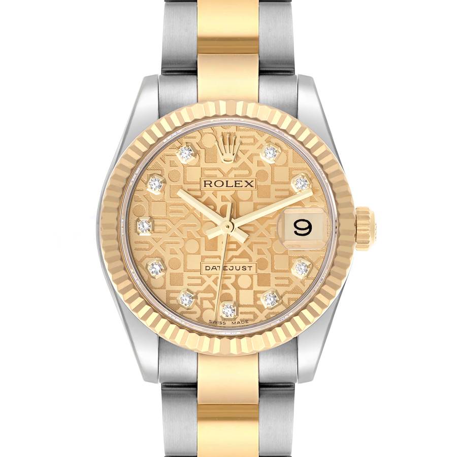 The Rolex Mid-Size watch is shown from a front angle, highlighting the dial, bezel, crown, and bracelet.