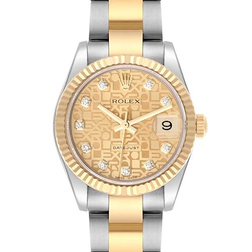 The Rolex Mid-Size watch is shown from a front angle, highlighting its bezel, crown, bracelet, and dial with date feature.
