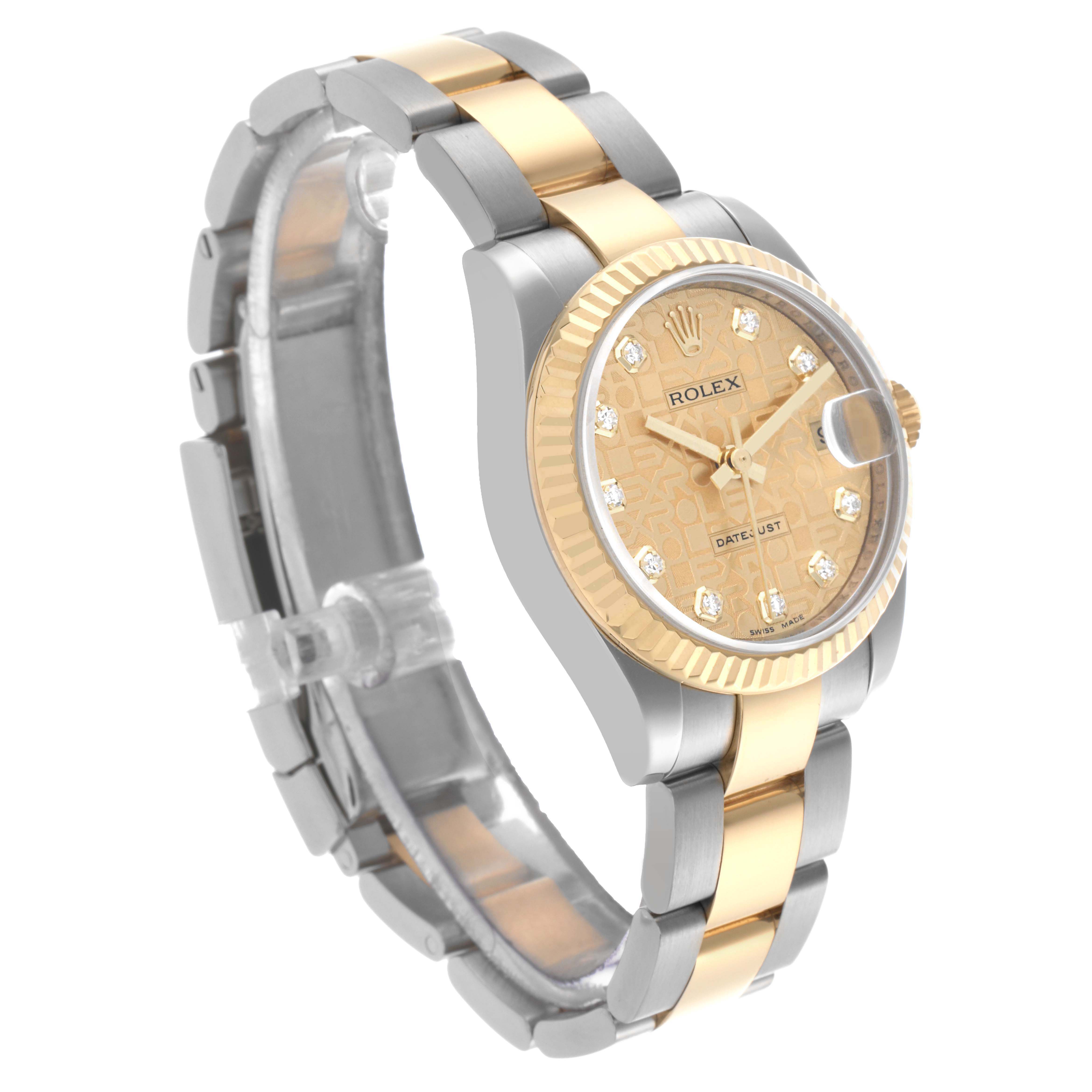 The Rolex Mid-Size 178273 Women's Steel and Gold (two tone) Champagne Dial 178273 Women's Steel and Gold (two tone) Champagne Dial watch is shown at a three-quarter angle, highlighting the dial, bezel, bracelet, and crown.