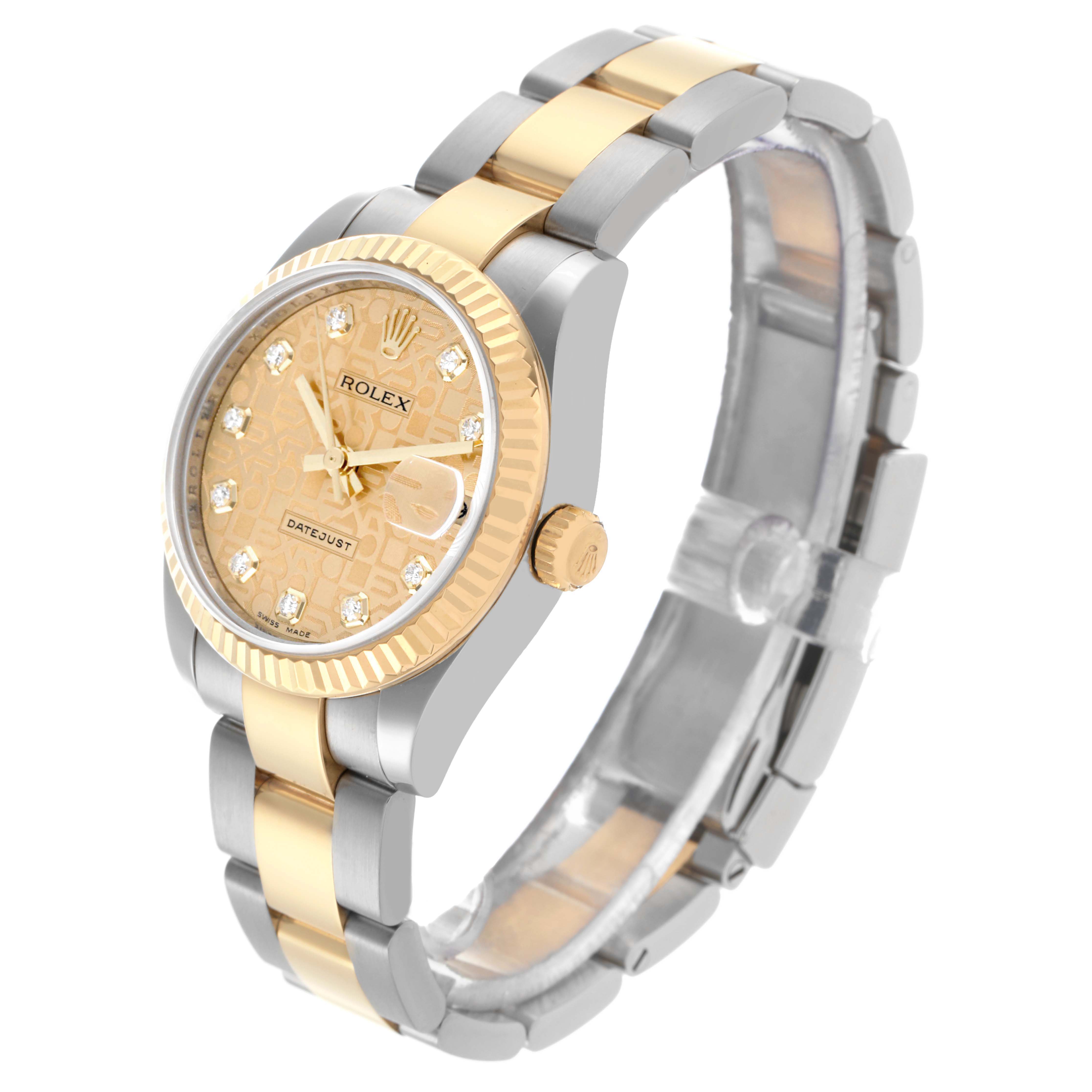 The Rolex Mid-Size 178273 Women's Steel and Gold (two tone) Champagne Dial 178273 Women's Steel and Gold (two tone) Champagne Dial Datejust is shown at a 3/4 angle, highlighting the case, bezel, dial, crown, and bracelet.