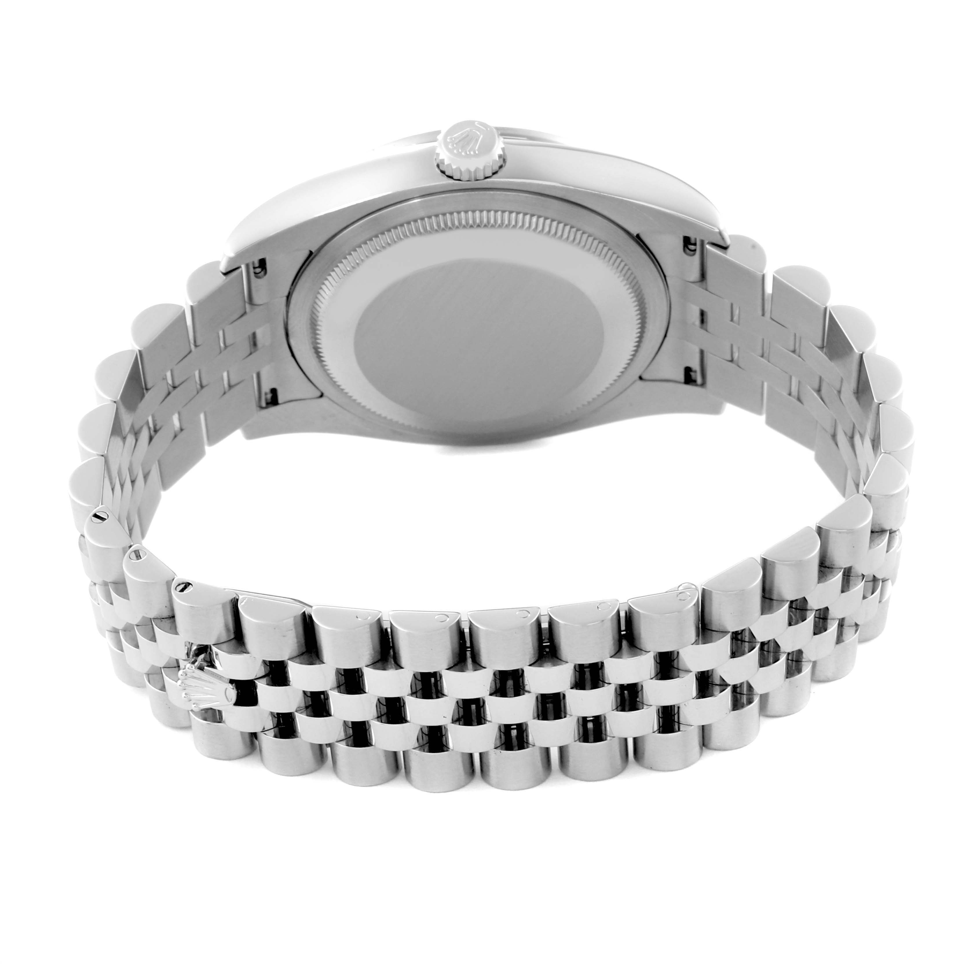 This image shows the back case and Jubilee bracelet of a Rolex Datejust 116244 Women's Stainless Steel Pink Dial 116244 Women's Stainless Steel Pink Dial watch from an underside angle.