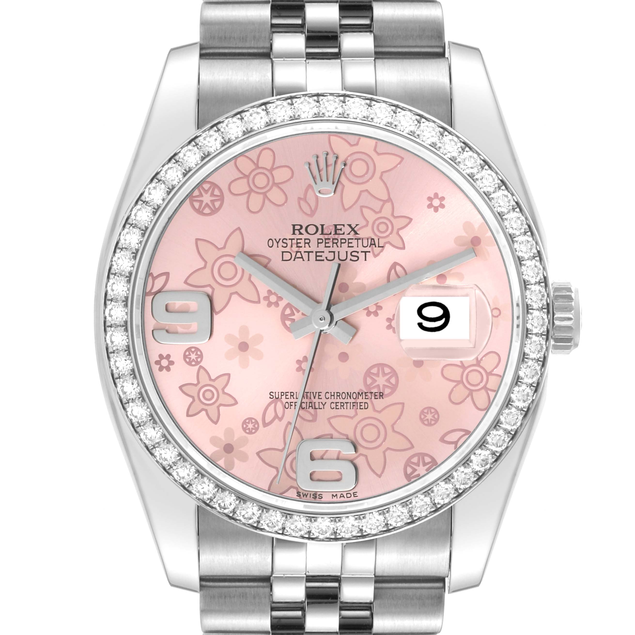 This image shows a front view of a Rolex Datejust 116244 Women's Stainless Steel Pink Dial 116244 Women's Stainless Steel Pink Dial watch with a pink floral dial and a diamond-encrusted bezel.