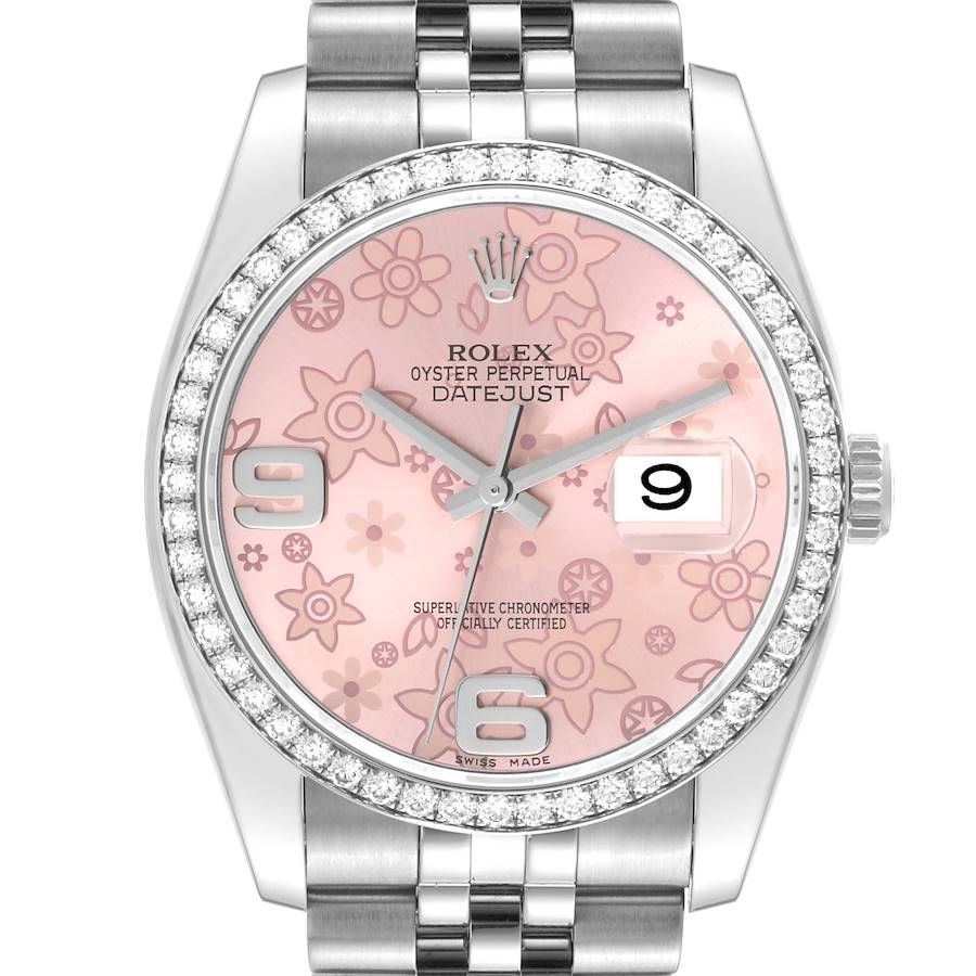 Rolex Datejust Pink Flower Dial Diamond Bezel Steel Watch 116244 SwissWatchExpo