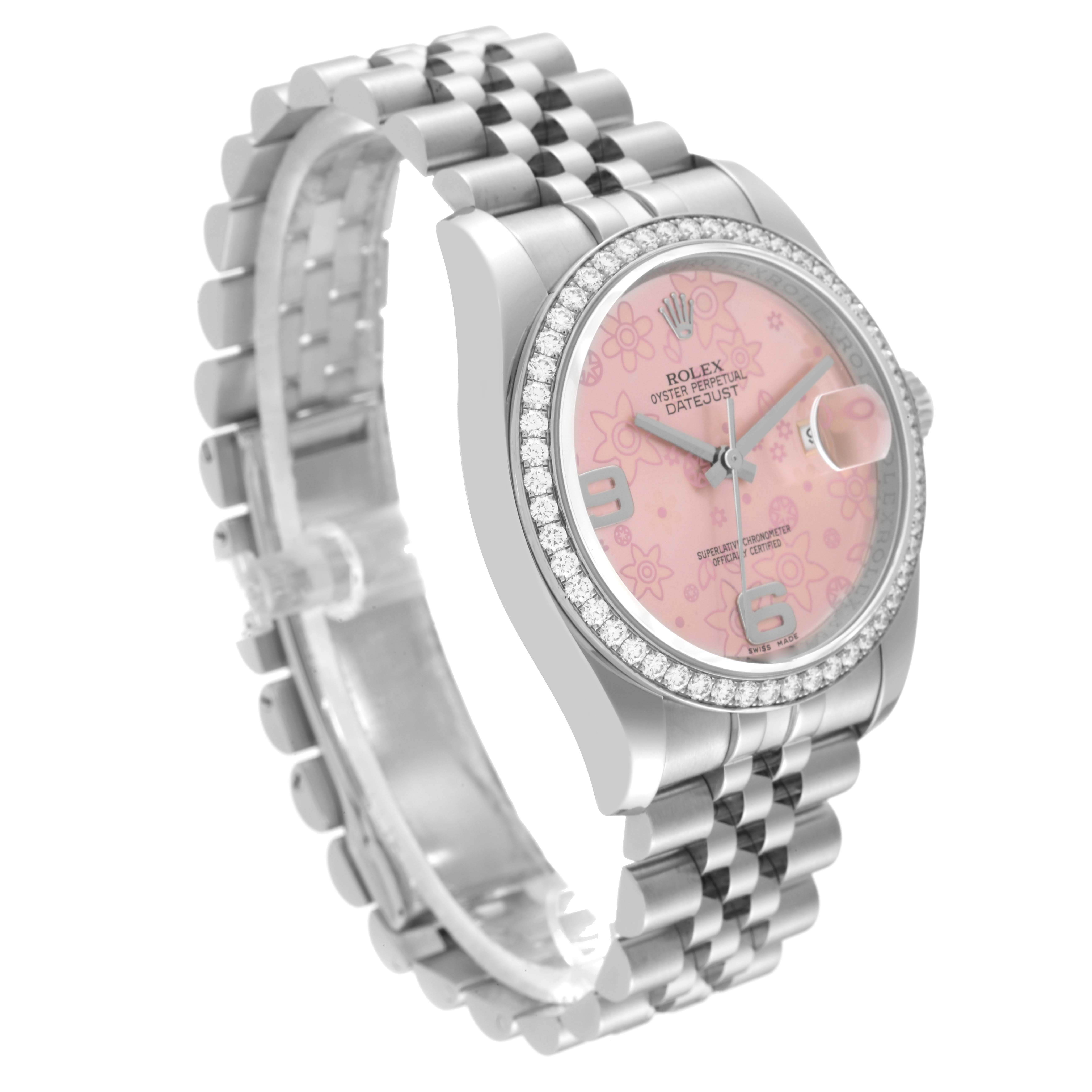 The Rolex Datejust 116244 Women's Stainless Steel Pink Dial 116244 Women's Stainless Steel Pink Dial watch is shown at an angle, displaying its pink floral dial, silver bracelet, and diamond-studded bezel.