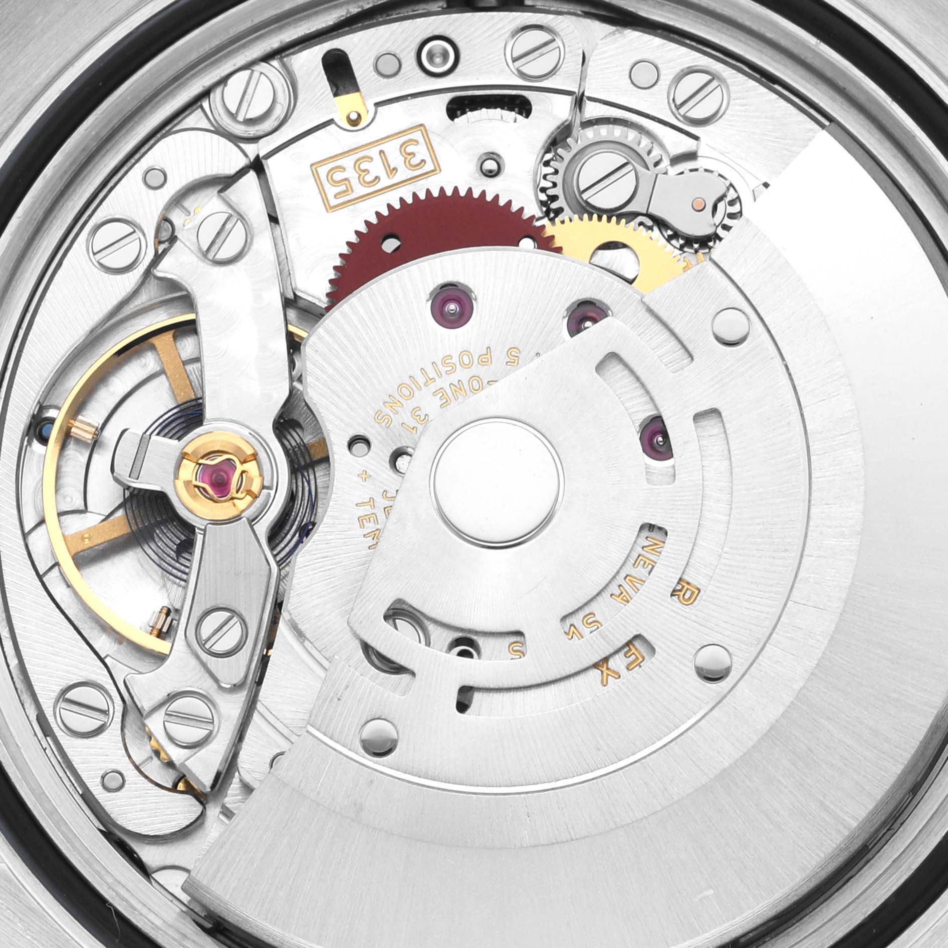 This image shows a close-up view of the movement of a Rolex Datejust 116244 Women's Stainless Steel Pink Dial 116244 Women's Stainless Steel Pink Dial model, highlighting the intricate internal mechanisms.