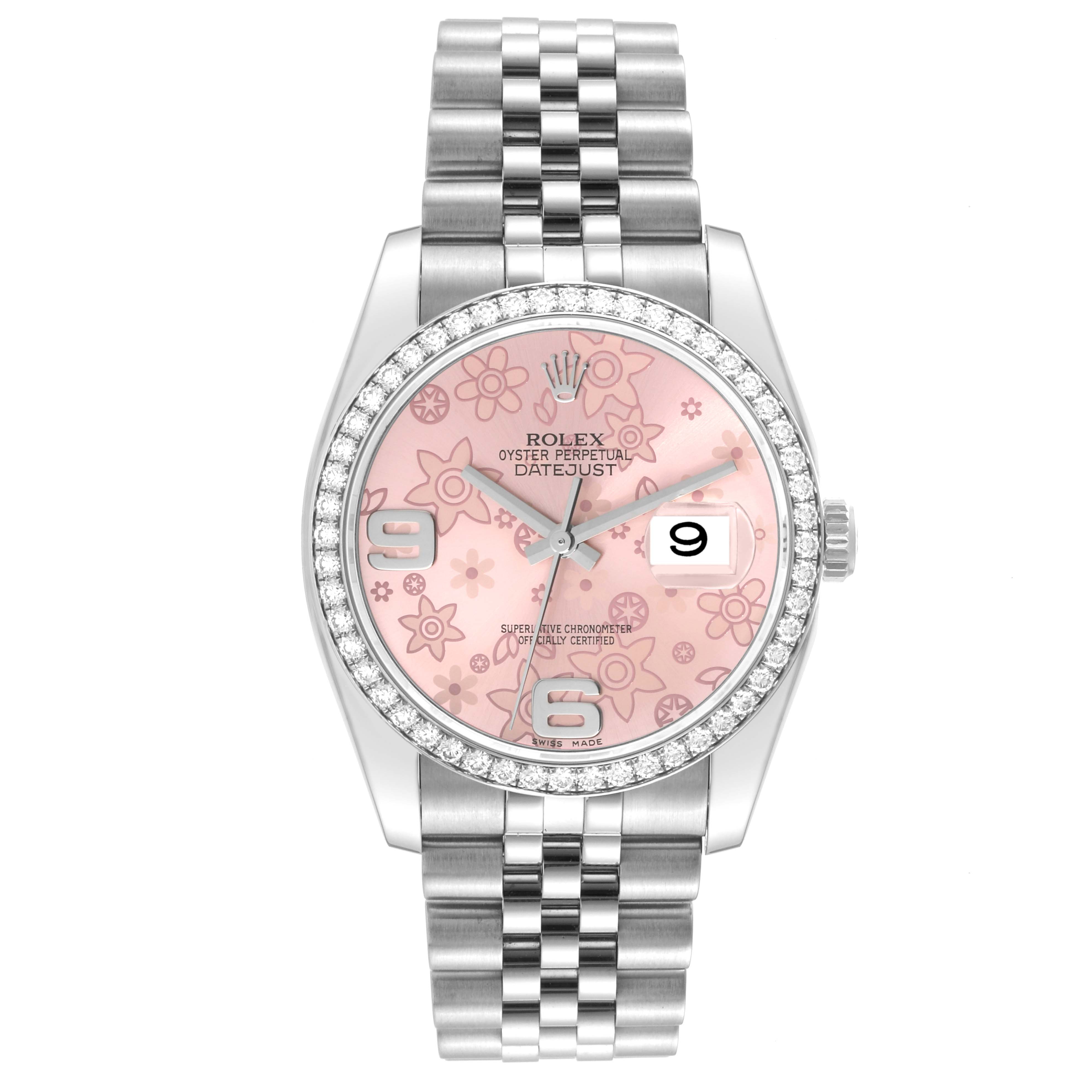 This image shows the front view of a Rolex Datejust 116244 Women's Stainless Steel Pink Dial 116244 Women's Stainless Steel Pink Dial watch with a pink patterned dial and stainless steel Jubilee bracelet.