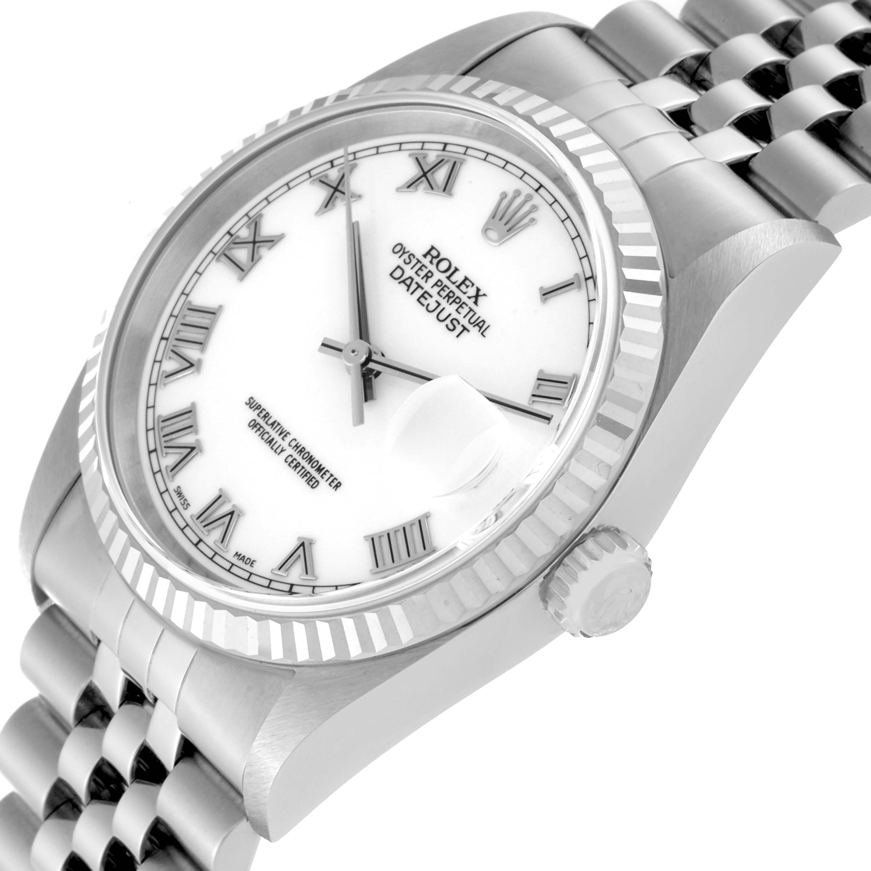 The image shows a close-up angle of a Rolex Datejust 16234 Men
s Stainless Steel White Dial 16234 Men
s Stainless Steel White Dial watch featuring the dial, bezel, crown, and part of the bracelet.