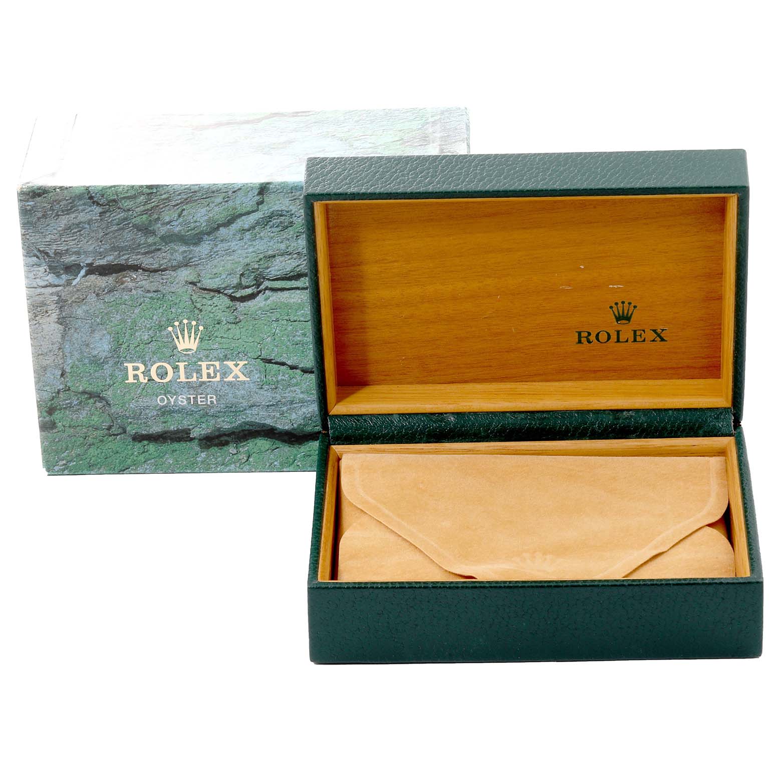 The image shows an open Rolex Datejust 16234 Men
s Stainless Steel White Dial 16234 Men
s Stainless Steel White Dial watch box with an external green box and an inner beige pouch.