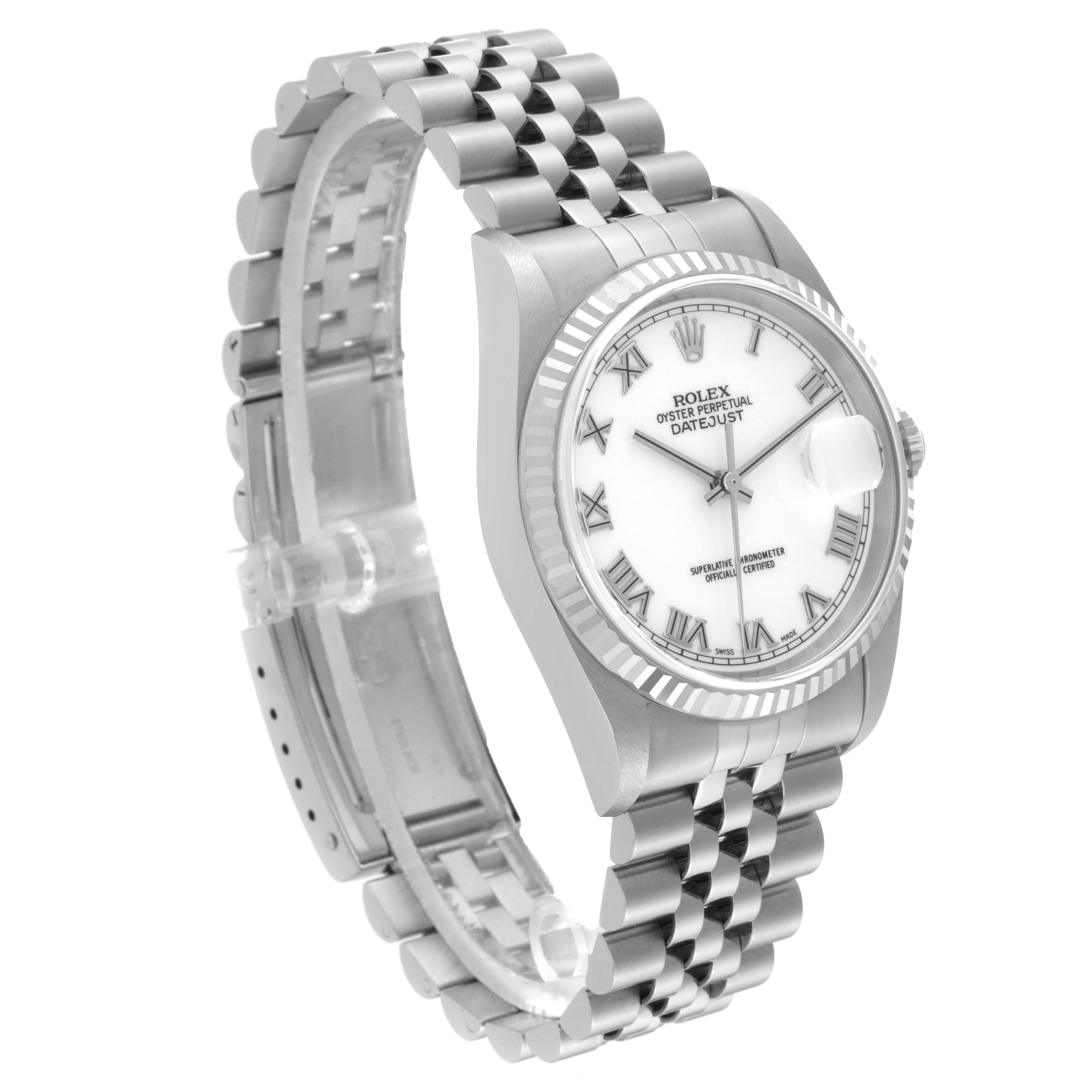 The image shows a side and front angle of a Rolex Datejust 16234 Men
s Stainless Steel White Dial 16234 Men
s Stainless Steel White Dial watch, highlighting its face, bezel, crown, and steel bracelet.