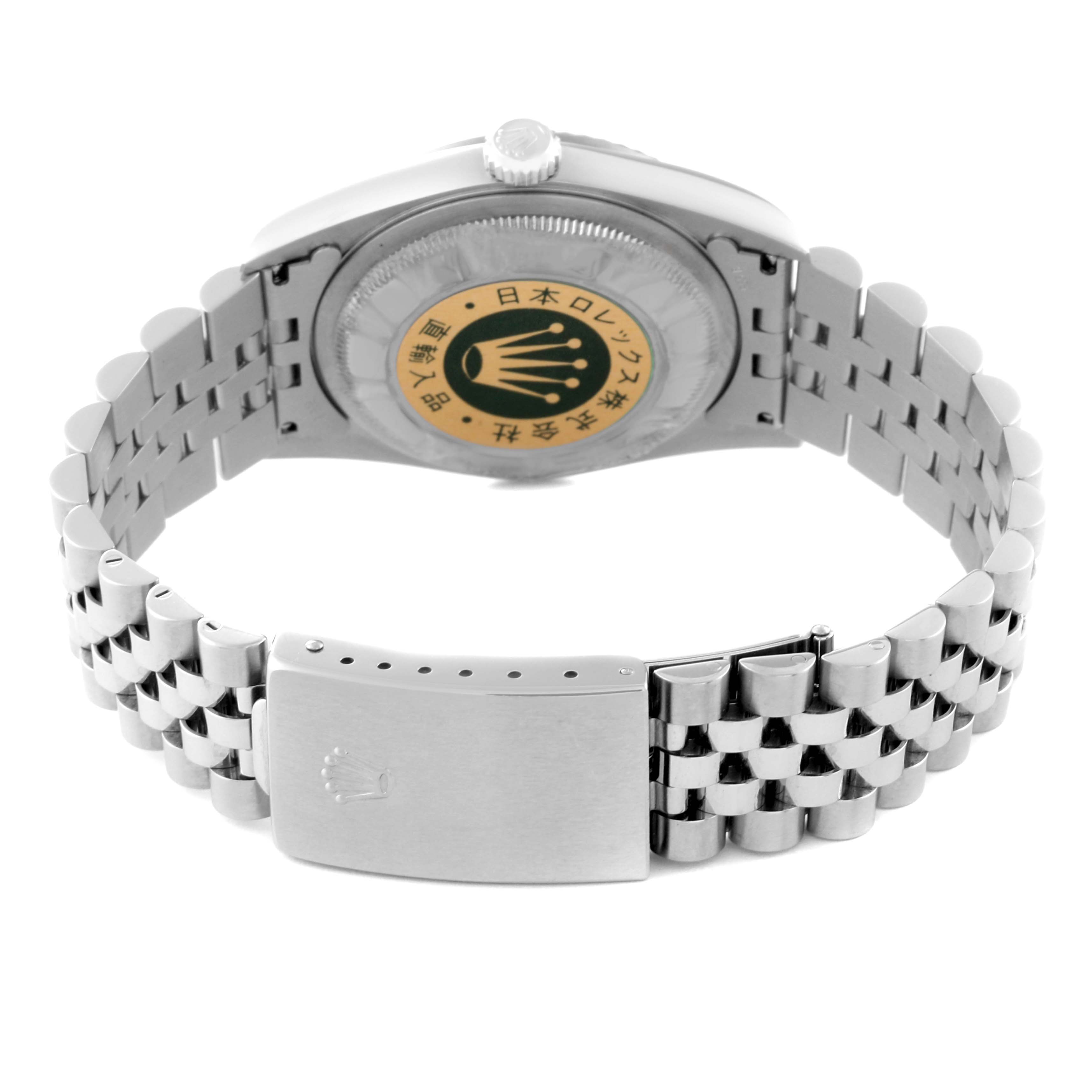 The image shows the back and bracelet of a Rolex Datejust 16234 Men
s Stainless Steel White Dial 16234 Men
s Stainless Steel White Dial watch, highlighting the clasp and case back.