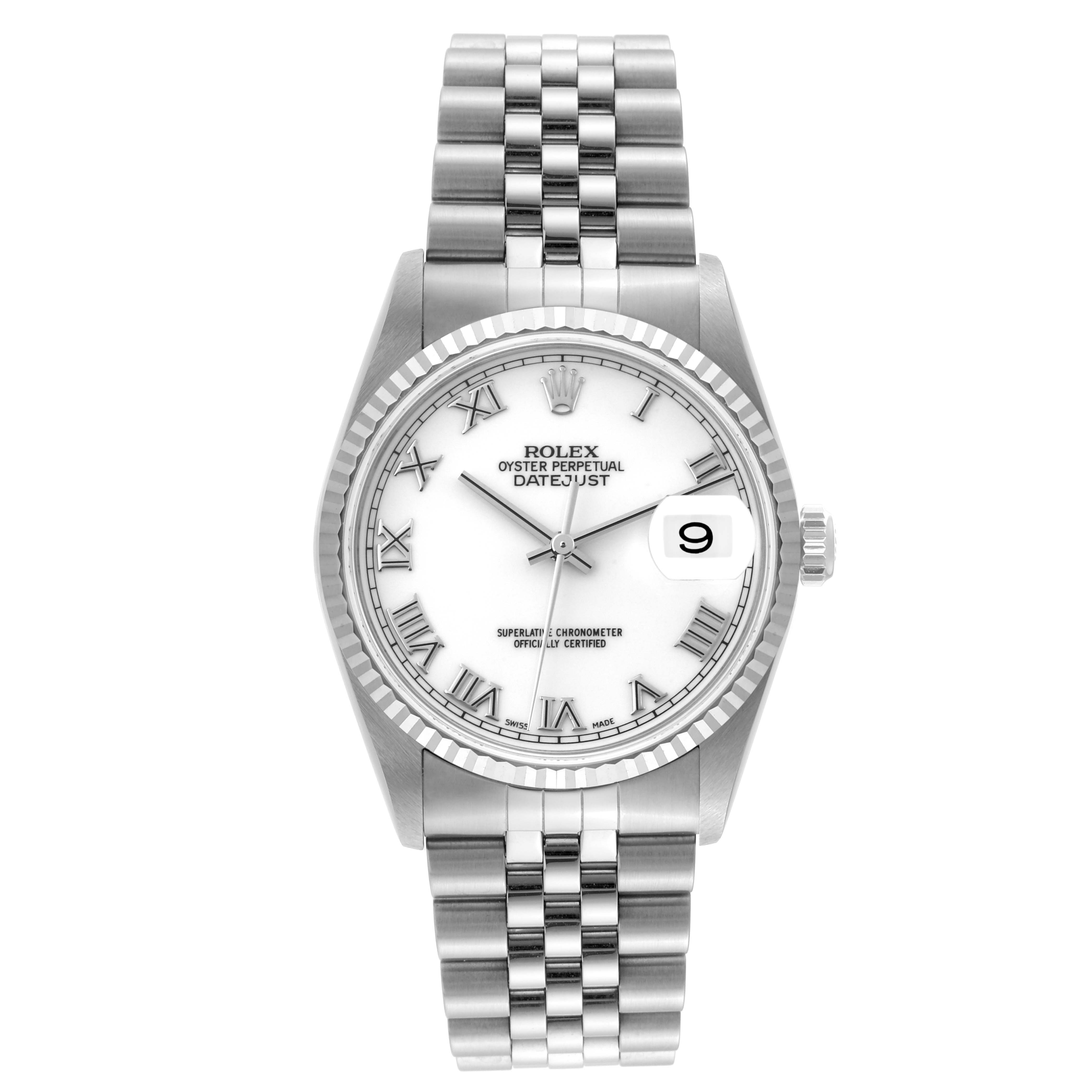 This image shows a front view of the Rolex Datejust 16234 Men
s Stainless Steel White Dial 16234 Men
s Stainless Steel White Dial watch, displaying its face, fluted bezel, and jubilee bracelet.