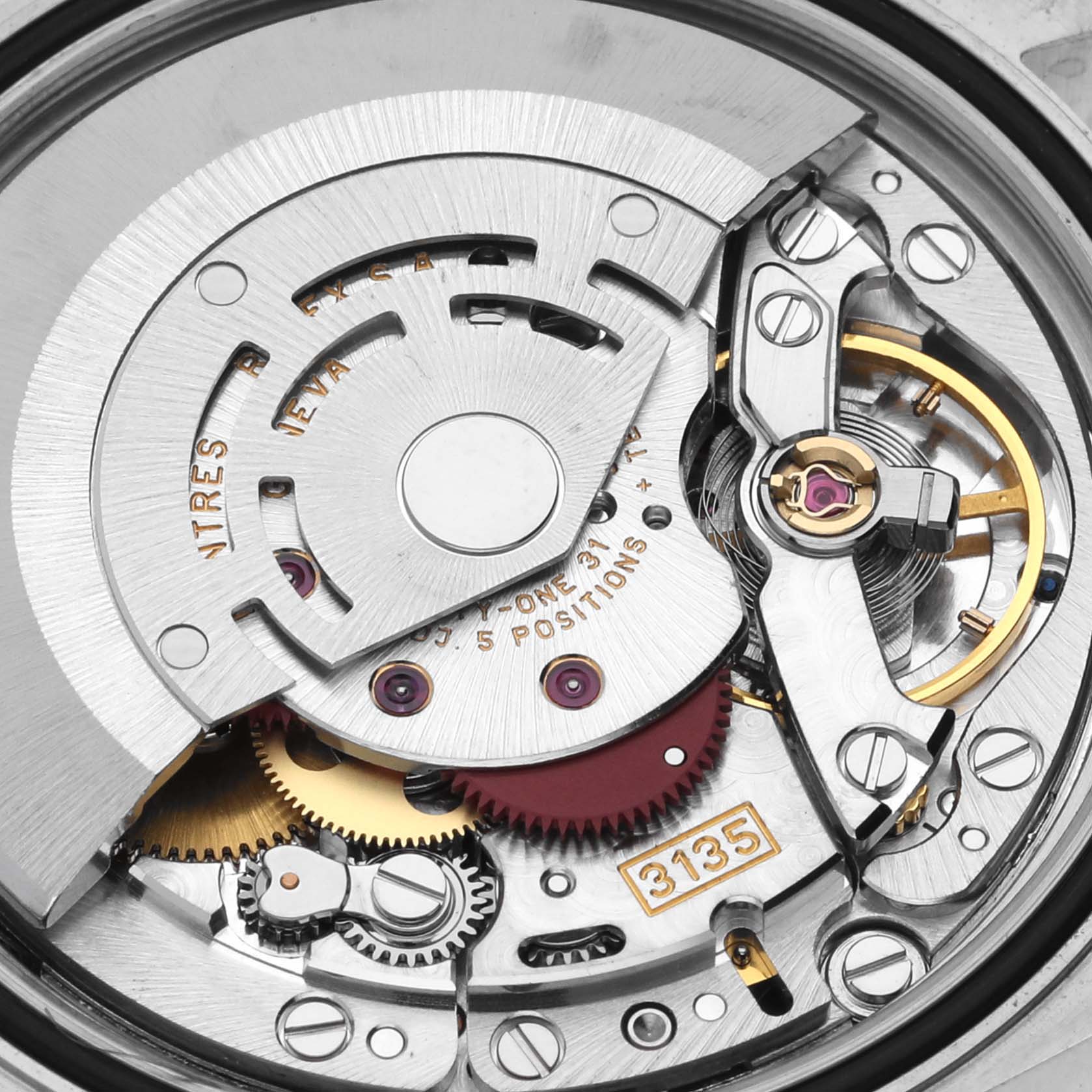 The image shows the internal mechanism and movement of the Rolex Datejust 16234 Men
s Stainless Steel White Dial 16234 Men
s Stainless Steel White Dial model, including gears and the oscillating weight.