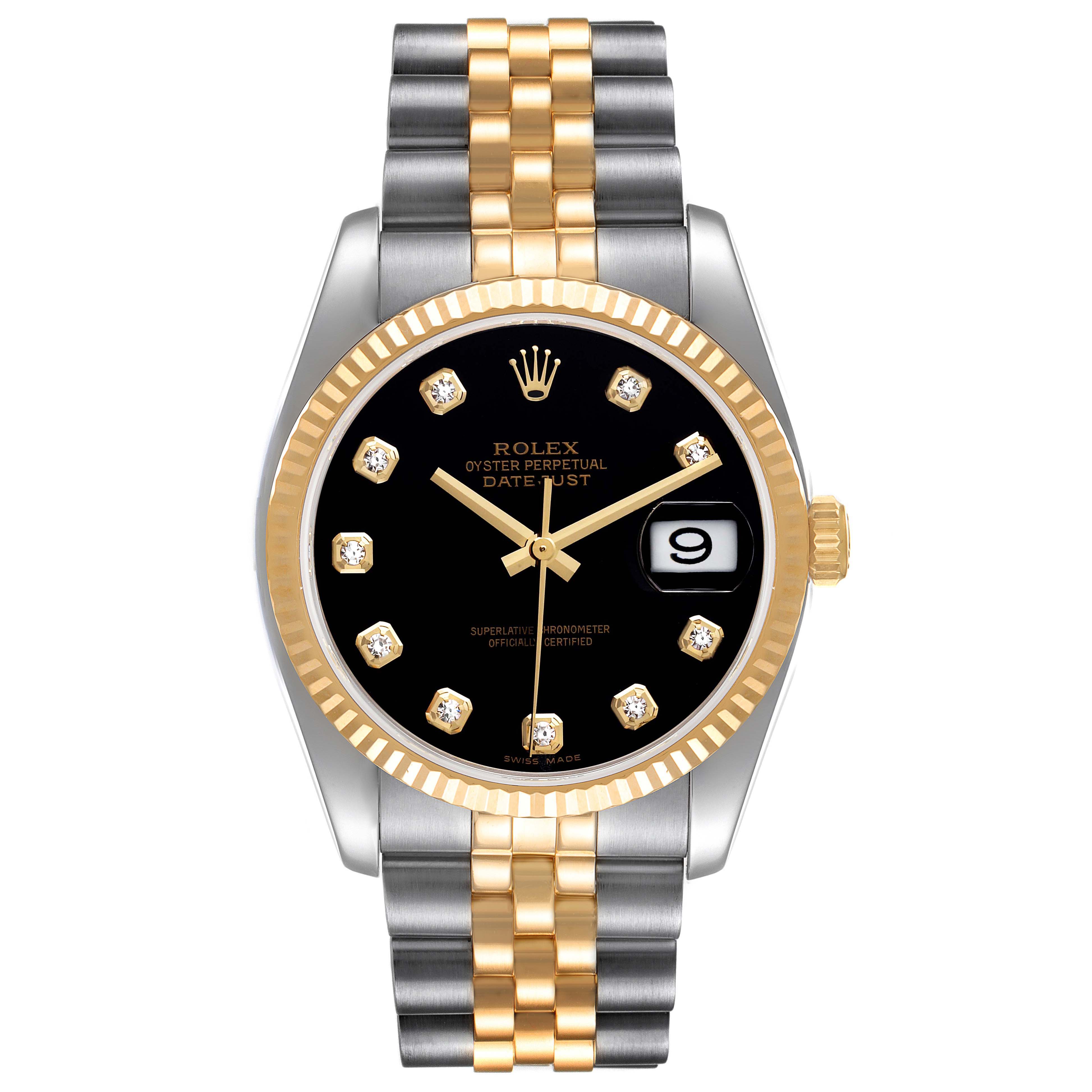 The Rolex Datejust 116233 Men's Steel and Gold (two tone) Black Dial 116233 Men's Steel and Gold (two tone) Black Dial watch is shown from a front angle, displaying its black dial, fluted bezel, date window, and two-tone bracelet.