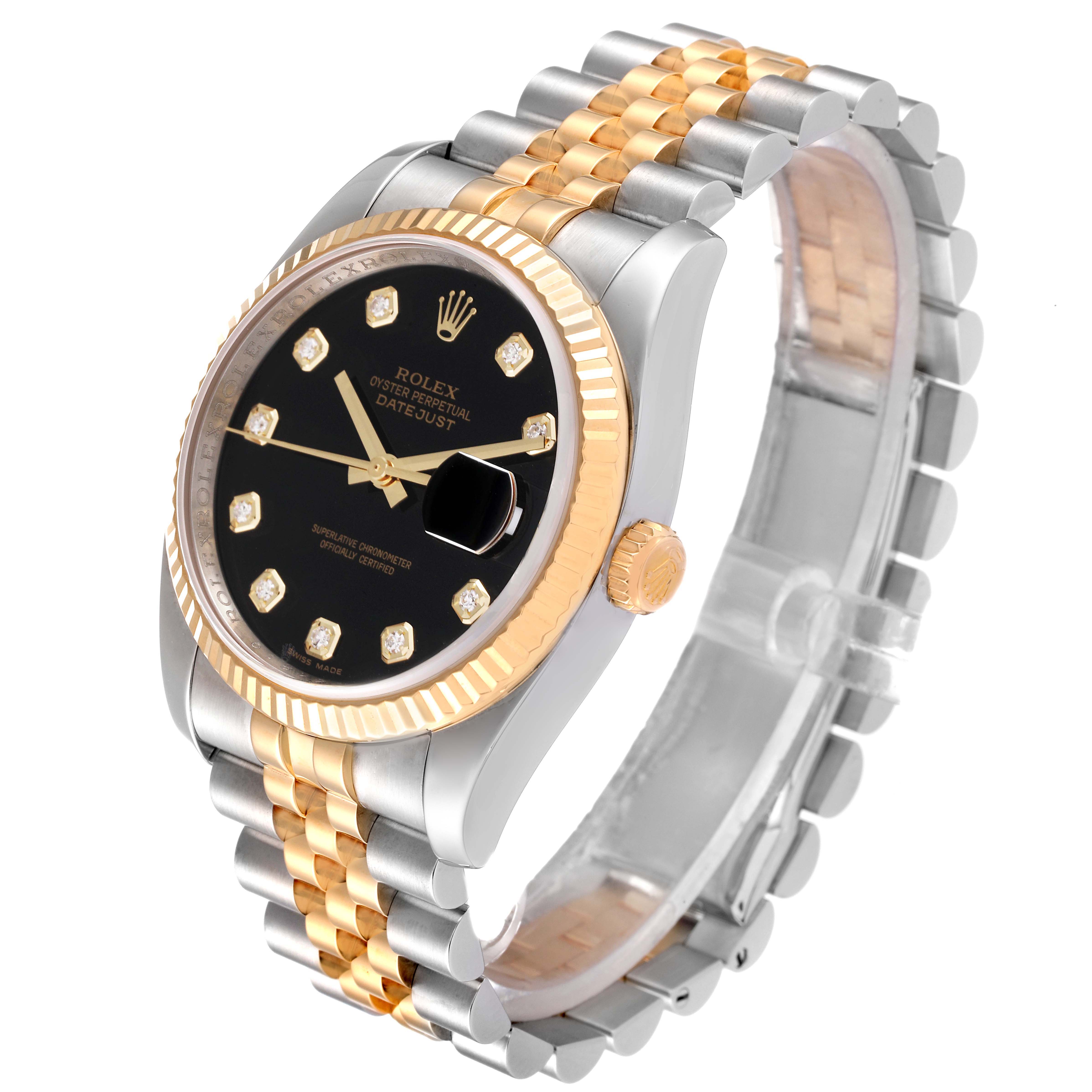 The image shows a Rolex Datejust 116233 Men's Steel and Gold (two tone) Black Dial 116233 Men's Steel and Gold (two tone) Black Dial watch at a three-quarter angle, highlighting the black dial, gold bezel, and two-toned metal bracelet.