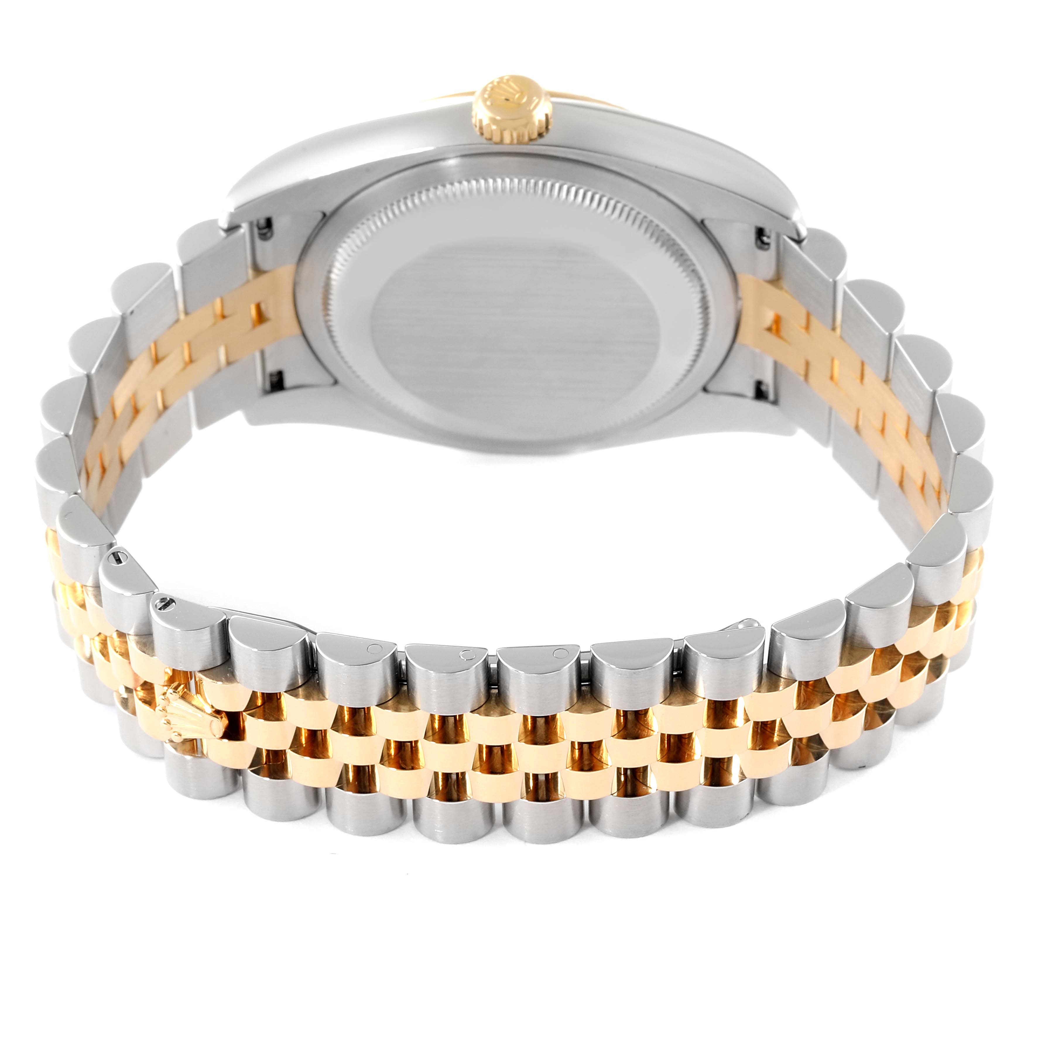 This image shows the back of a Rolex Datejust 116233 Men's Steel and Gold (two tone) Black Dial 116233 Men's Steel and Gold (two tone) Black Dial watch, highlighting its two-tone bracelet and case back.