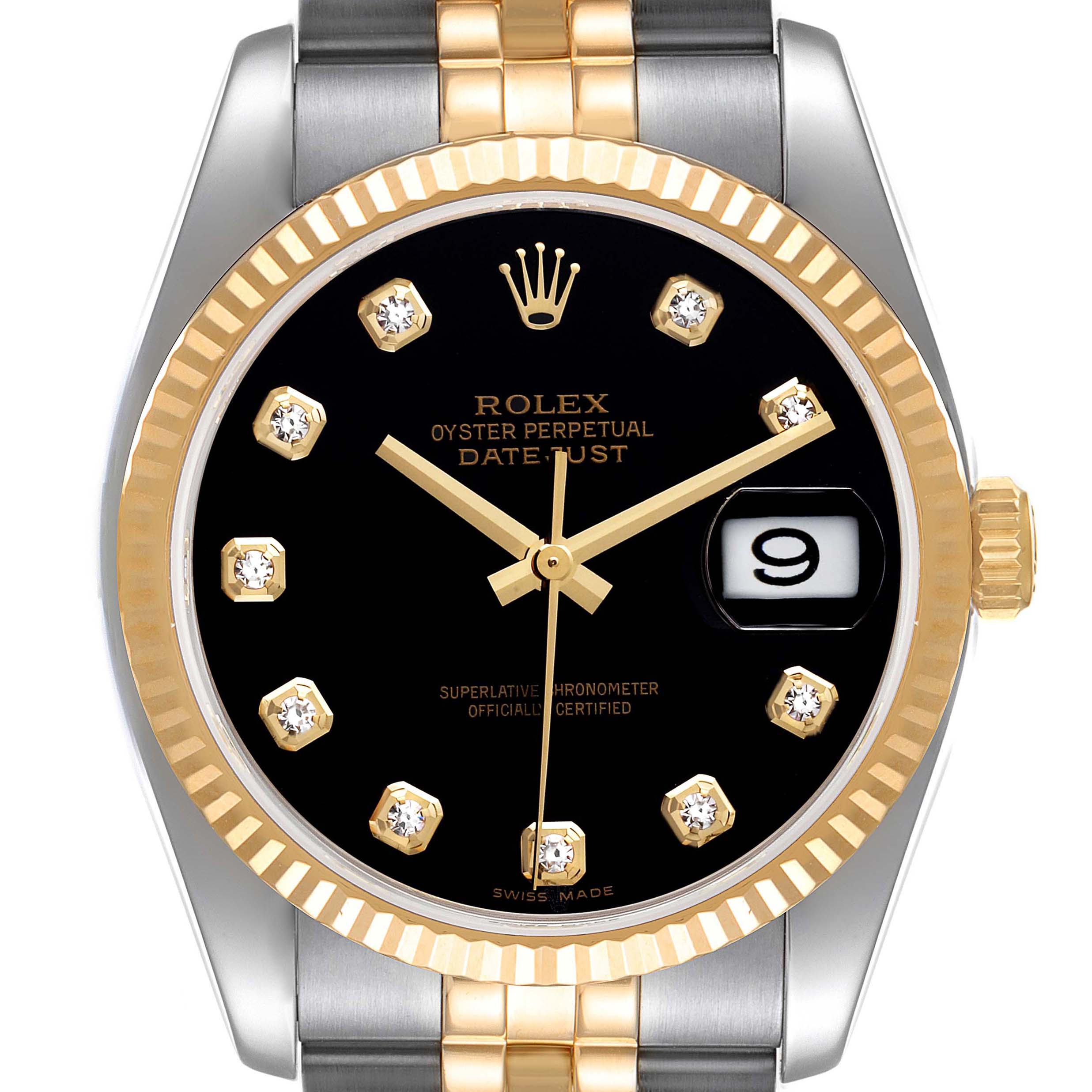 This image shows a close-up of the Rolex Datejust 116233 Men's Steel and Gold (two tone) Black Dial 116233 Men's Steel and Gold (two tone) Black Dial watch, highlighting its dial, hands, date window, and part of the bezel and bracelet.