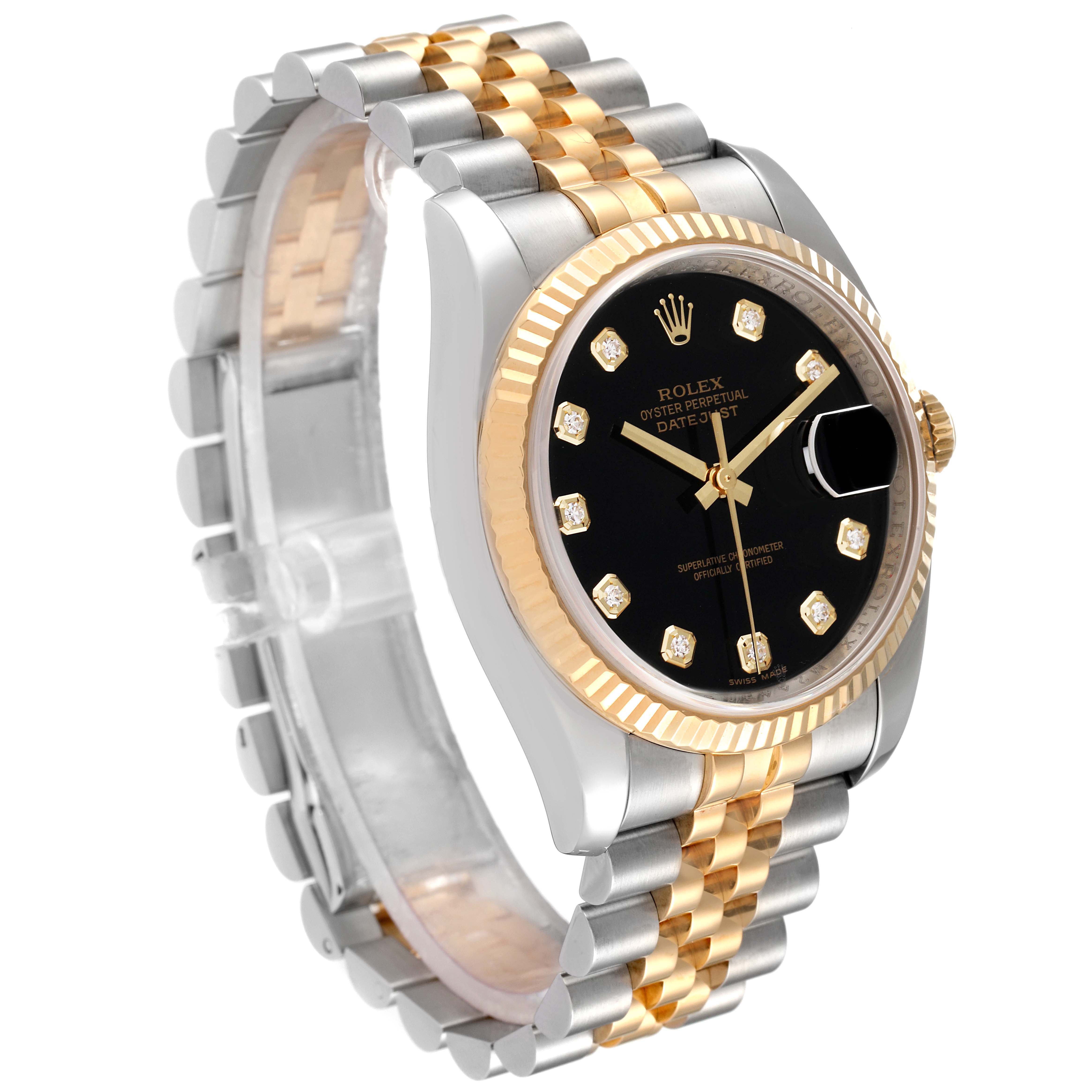 The Rolex Datejust 116233 Men's Steel and Gold (two tone) Black Dial 116233 Men's Steel and Gold (two tone) Black Dial watch is shown at an angle displaying its black dial, diamond hour markers, two-tone bracelet, and fluted bezel.