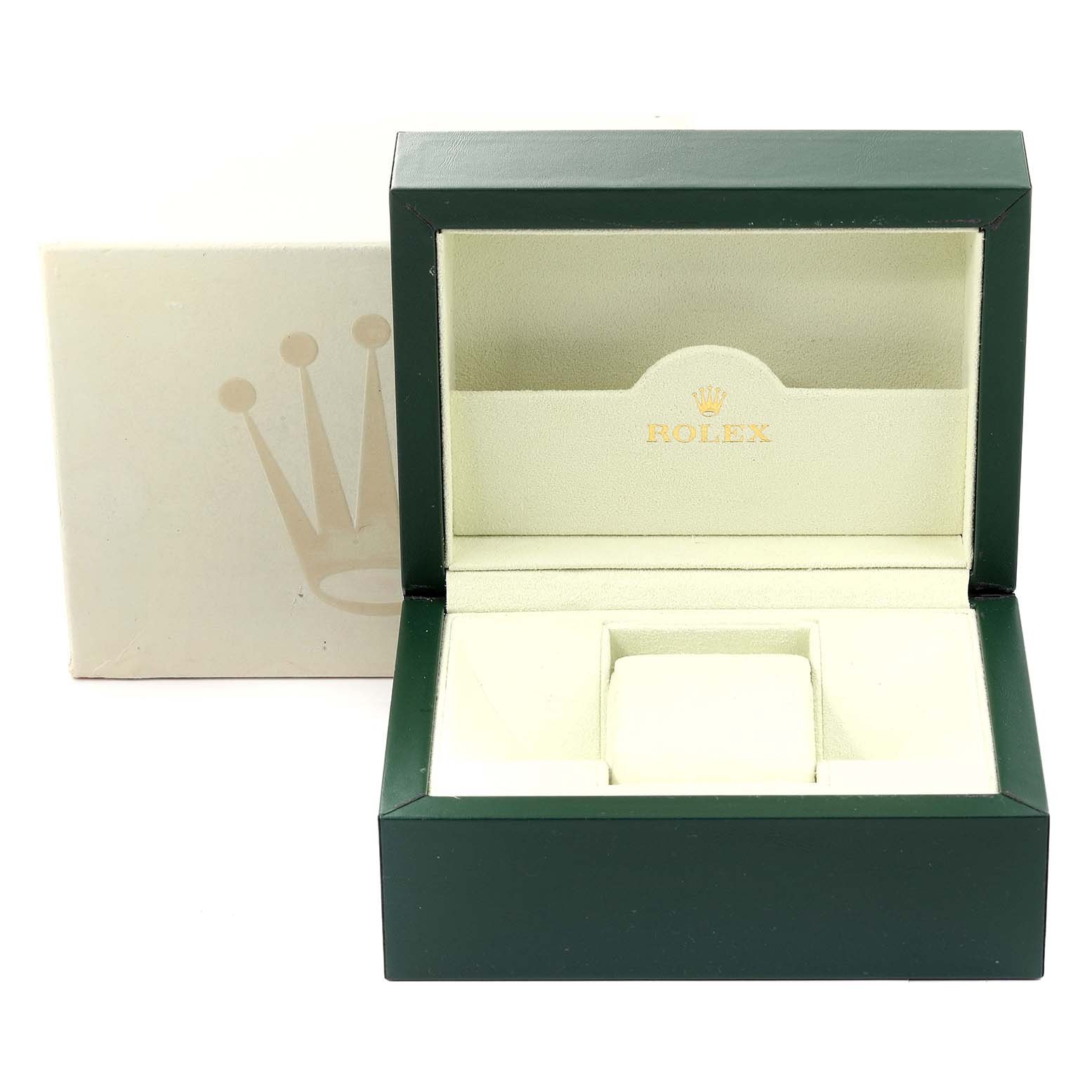This image shows an open Rolex watch box, designed for the Datejust model, with the outer packaging partially visible.
