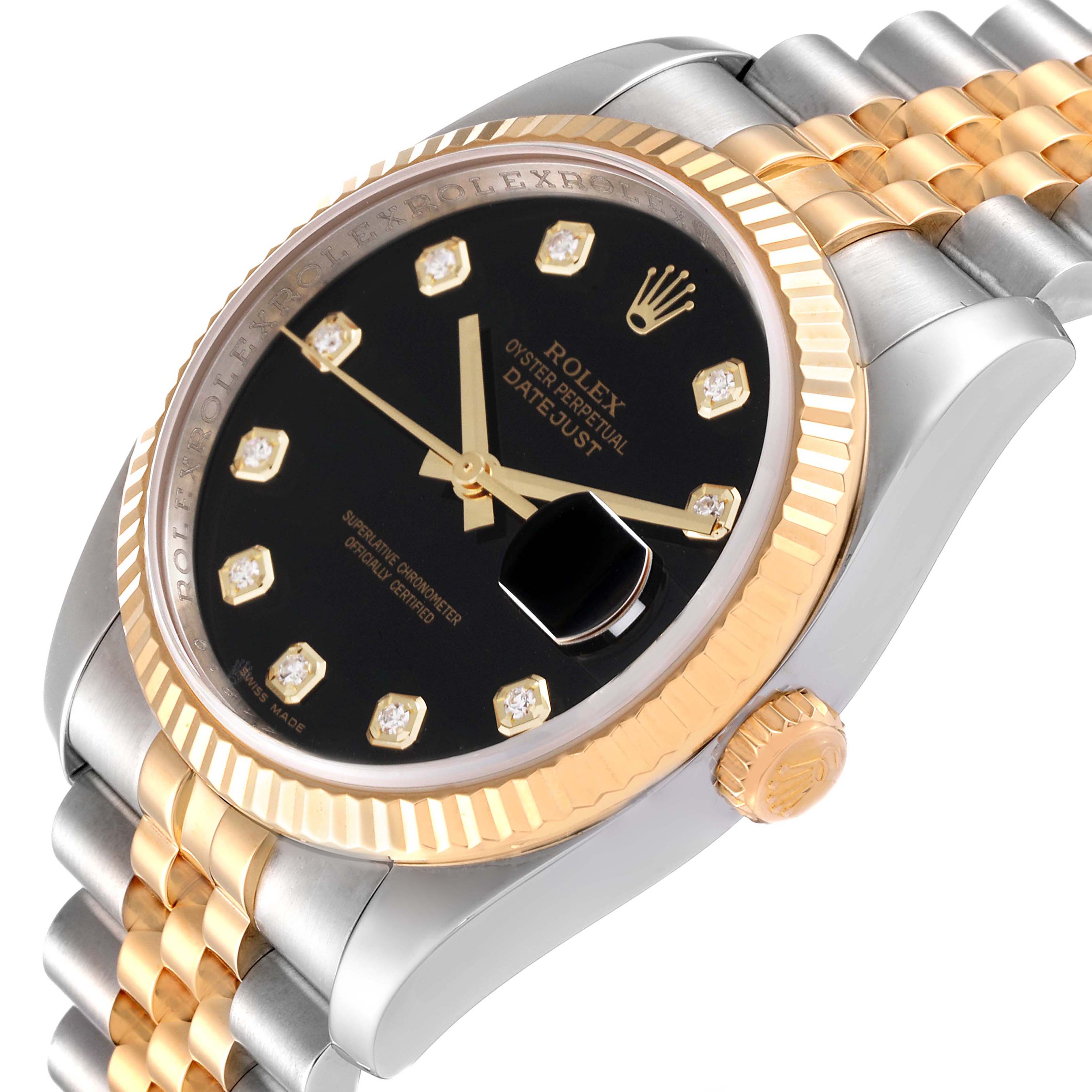 The image shows a side angle of a Rolex Datejust 116233 Men's Steel and Gold (two tone) Black Dial 116233 Men's Steel and Gold (two tone) Black Dial watch, highlighting its dial, crown, fluted bezel, and jubilee bracelet.