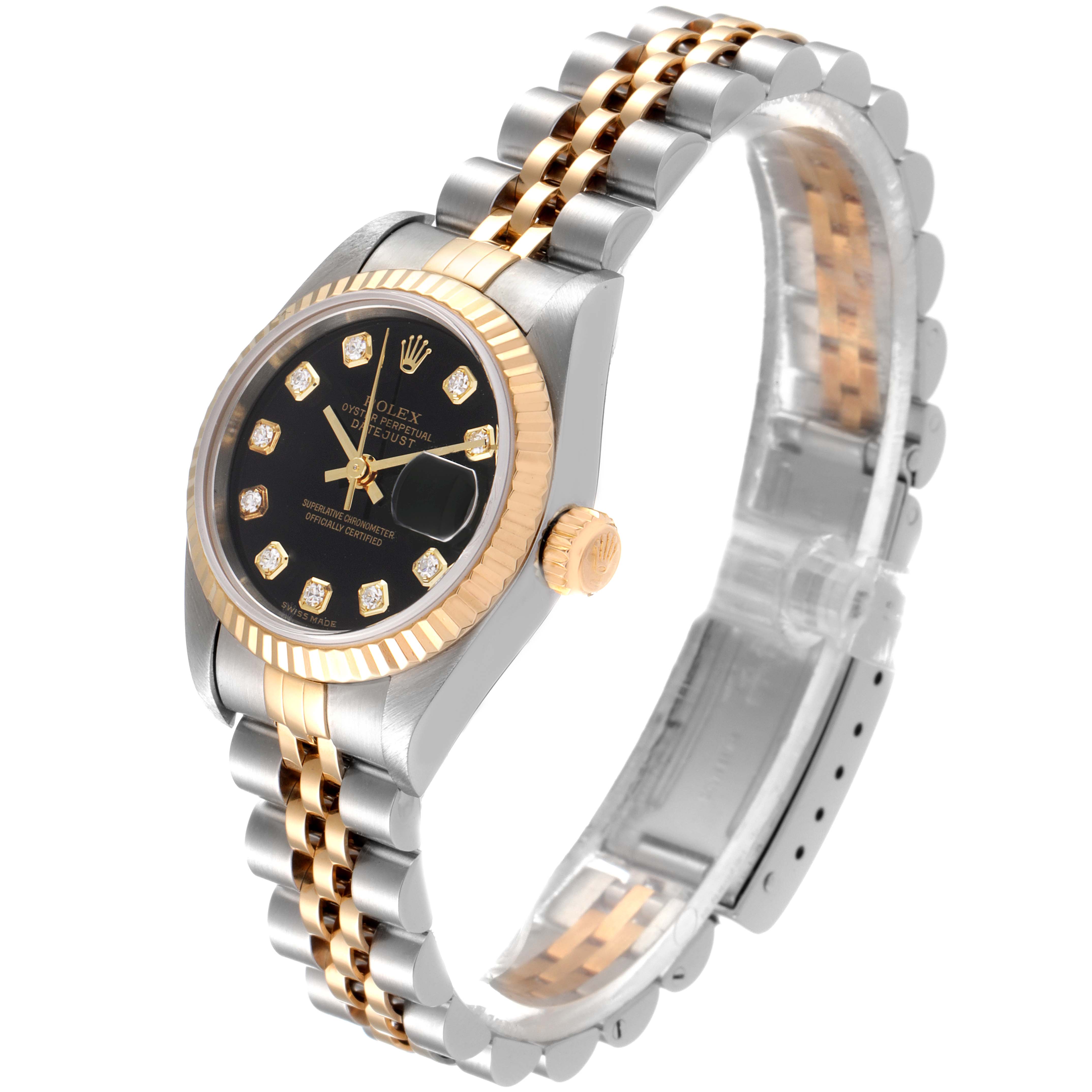 The image shows a side angle of a Rolex Datejust 79173 Women
s Steel and Gold (two tone) Black Dial 79173 Women
s Steel and Gold (two tone) Black Dial watch, highlighting the black dial, diamond markers, two-tone bracelet, and fluted bezel.