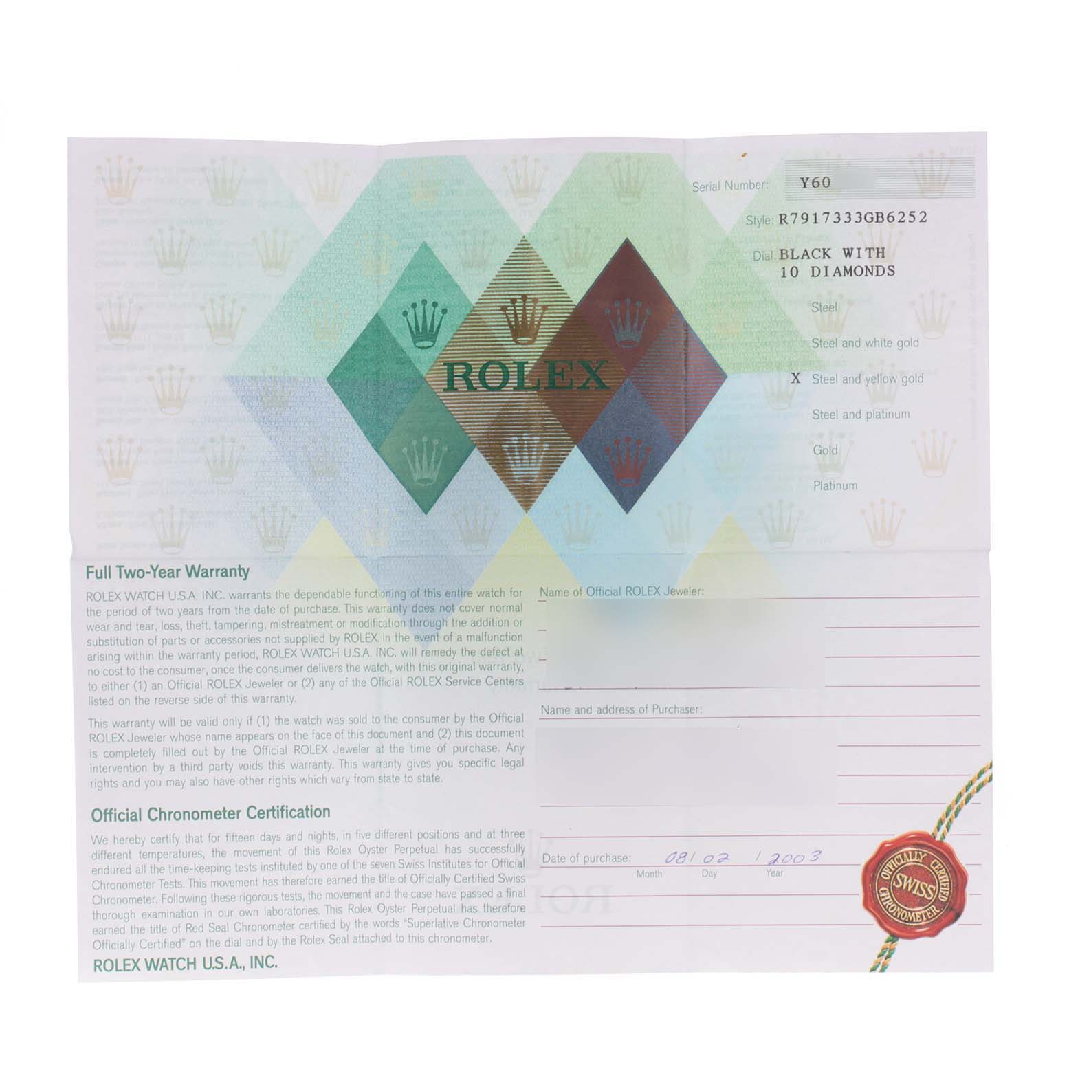 The image shows a warranty certificate for a Rolex Datejust 79173 Women
s Steel and Gold (two tone) Black Dial 79173 Women
s Steel and Gold (two tone) Black Dial with details on style, serial number, and purchase date.