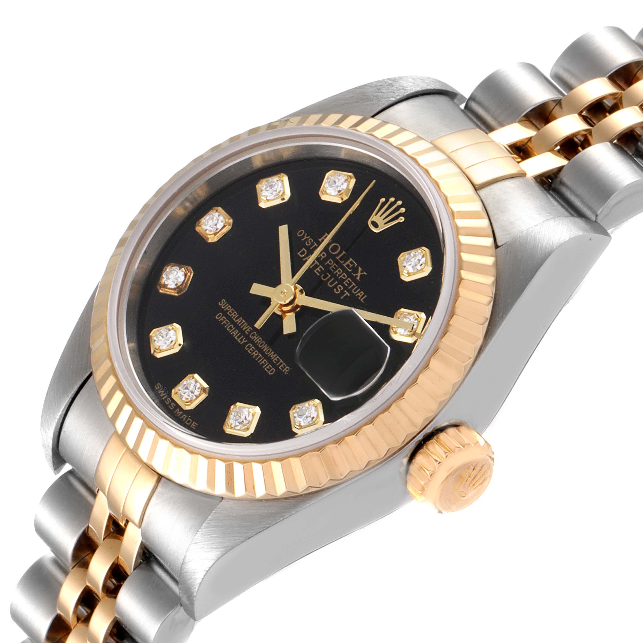The image shows the Rolex Datejust 79173 Women
s Steel and Gold (two tone) Black Dial 79173 Women
s Steel and Gold (two tone) Black Dial watch at an angled close-up, highlighting its black dial, gold hour markers, and jubilee bracelet.