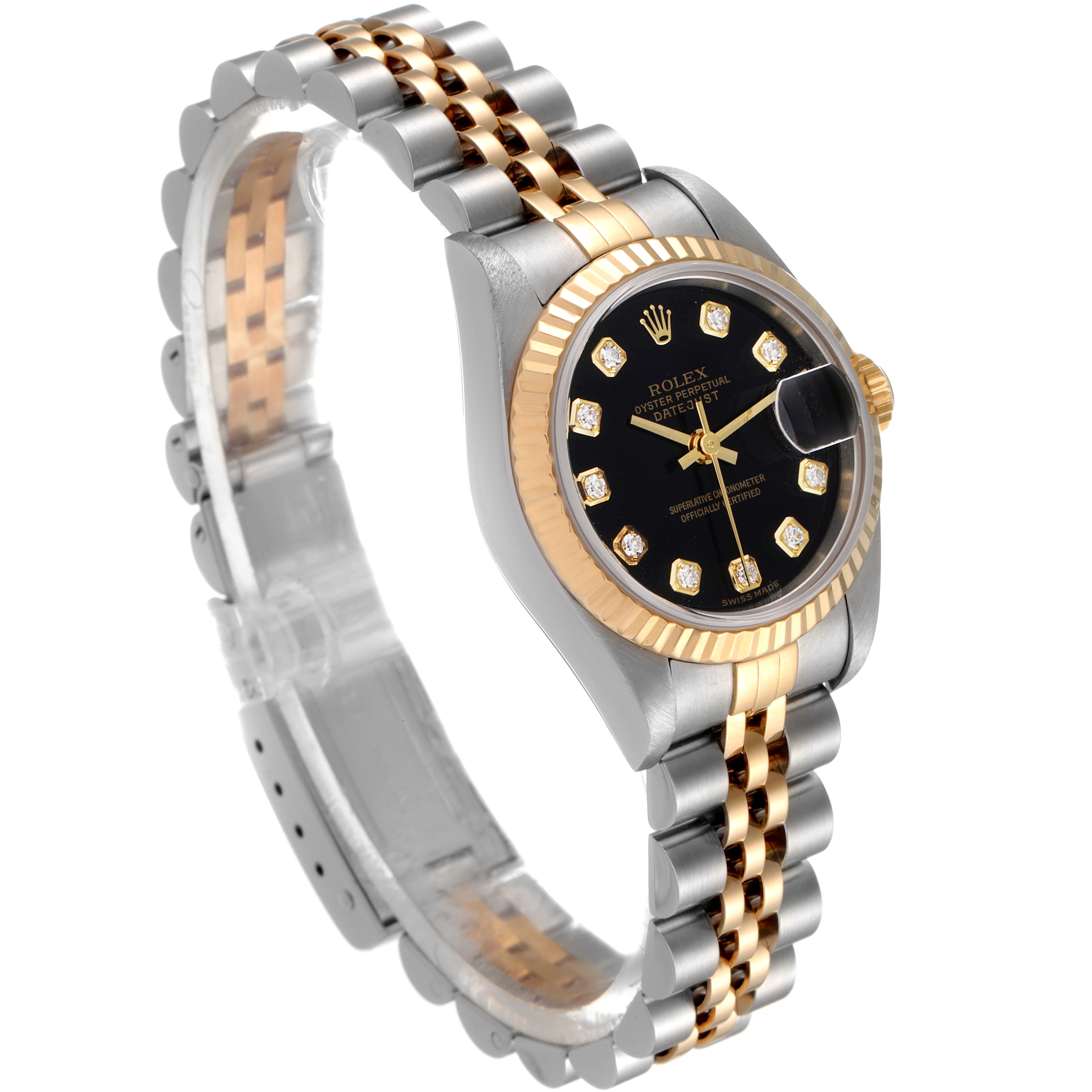 The Rolex Datejust 79173 Women
s Steel and Gold (two tone) Black Dial 79173 Women
s Steel and Gold (two tone) Black Dial watch is shown at an angle featuring its black dial, two-tone bracelet, and fluted bezel.