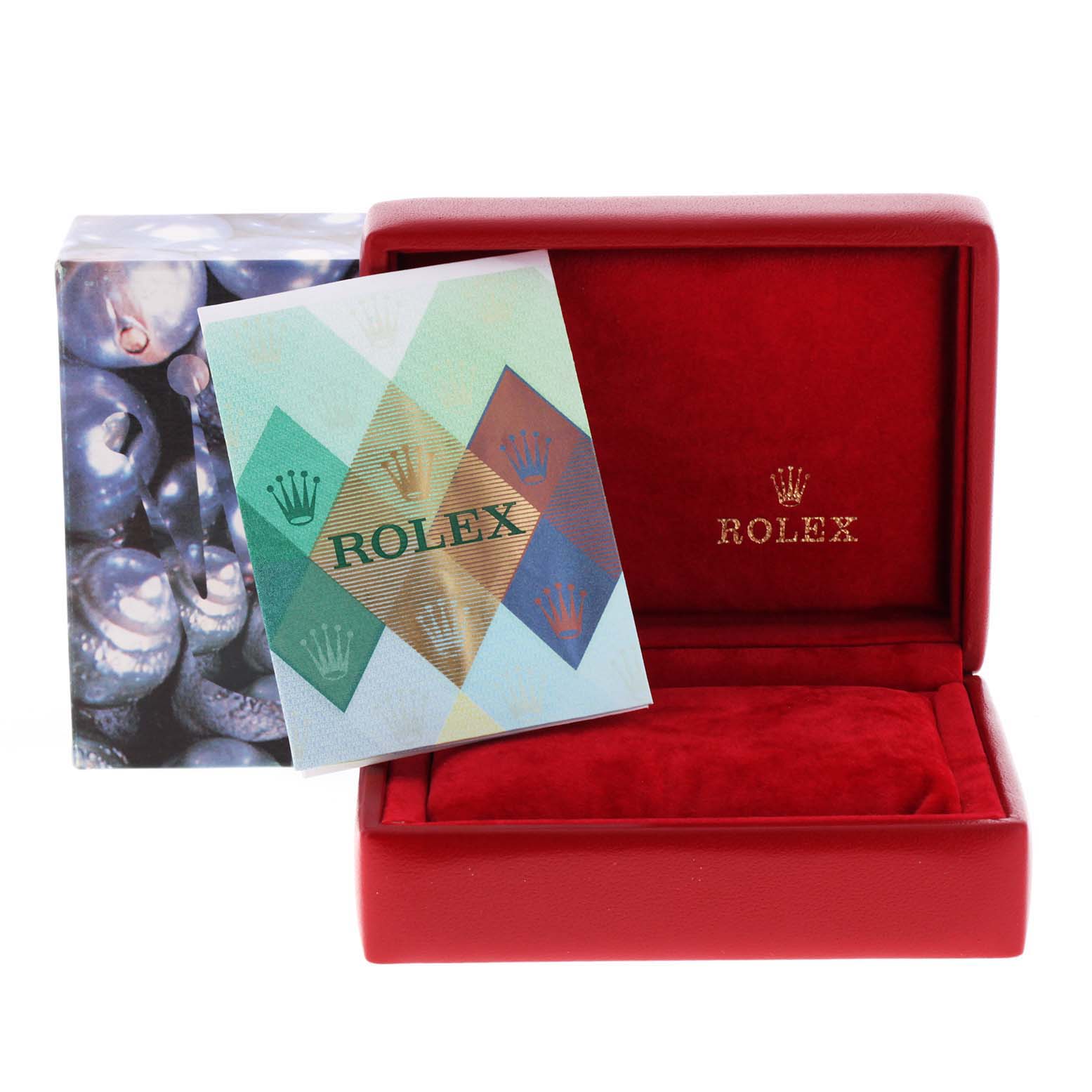 This image shows the packaging for a Rolex Datejust 79173 Women
s Steel and Gold (two tone) Black Dial 79173 Women
s Steel and Gold (two tone) Black Dial, including a red box with padding and official documentation.