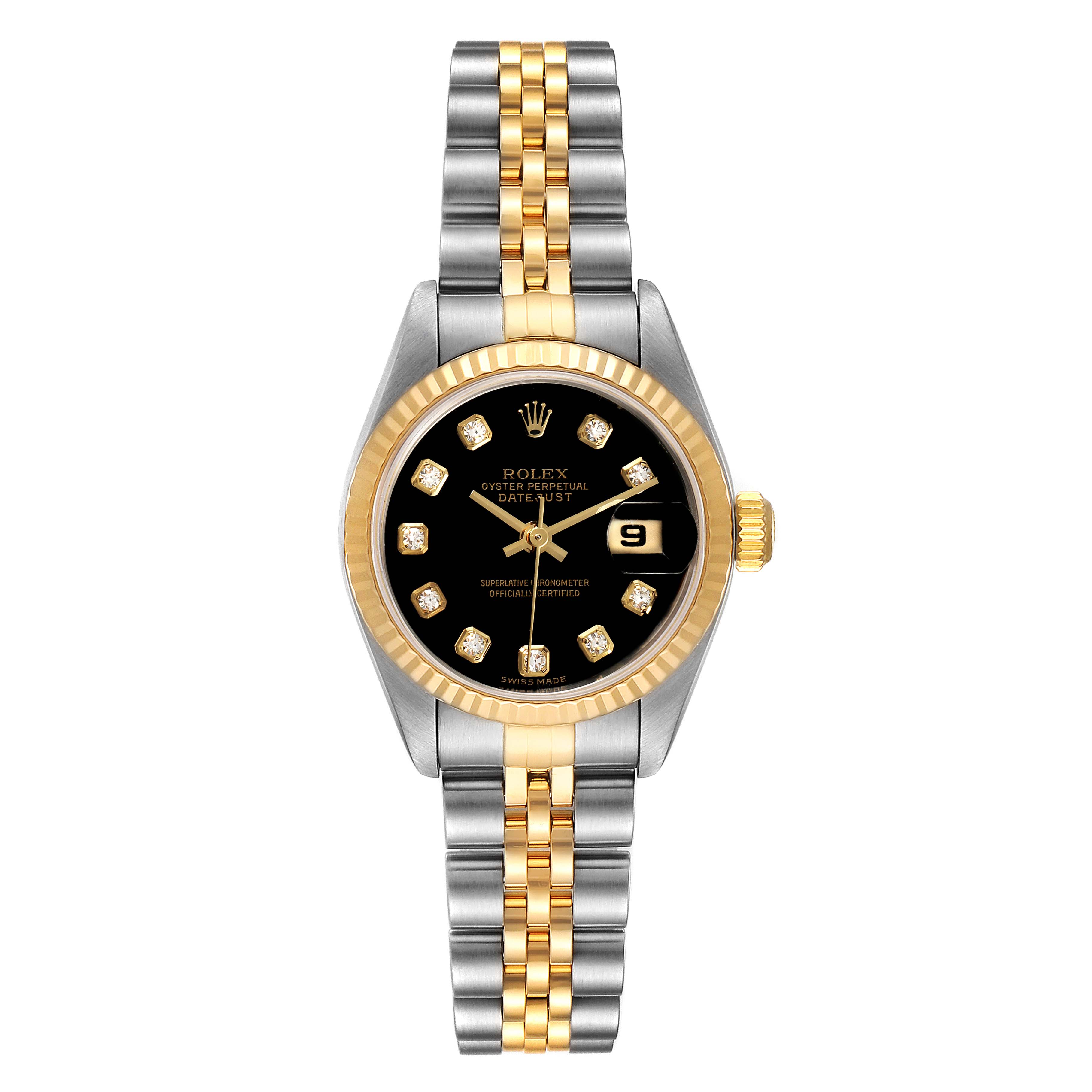 The image shows a Rolex Datejust 79173 Women
s Steel and Gold (two tone) Black Dial 79173 Women
s Steel and Gold (two tone) Black Dial watch with a frontal view, displaying its dial, bezel, crown, and two-tone bracelet.