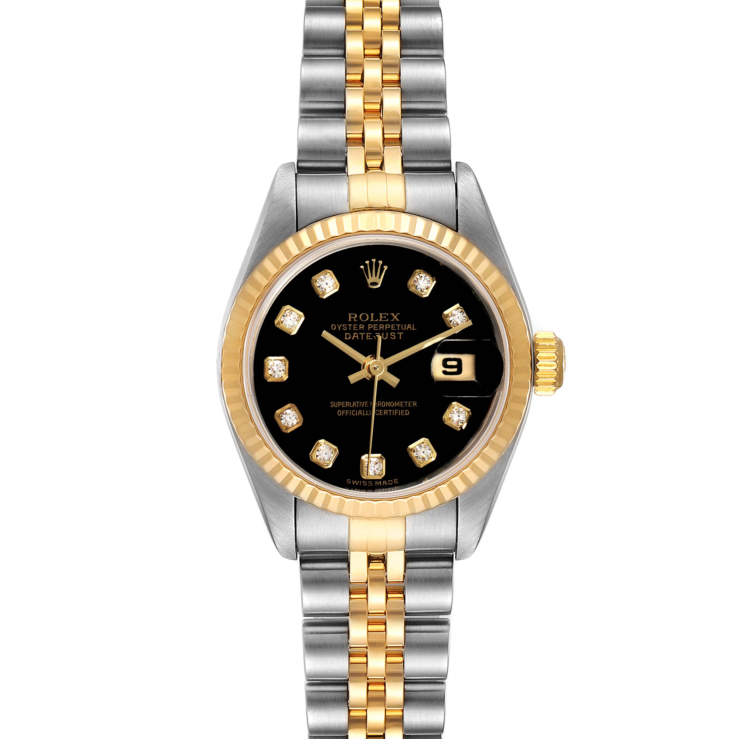 This Rolex Datejust 79173 Women
s Steel and Gold (two tone) Black Dial 79173 Women
s Steel and Gold (two tone) Black Dial model is shown from a top view, highlighting its two-tone bracelet, black dial, and date window.