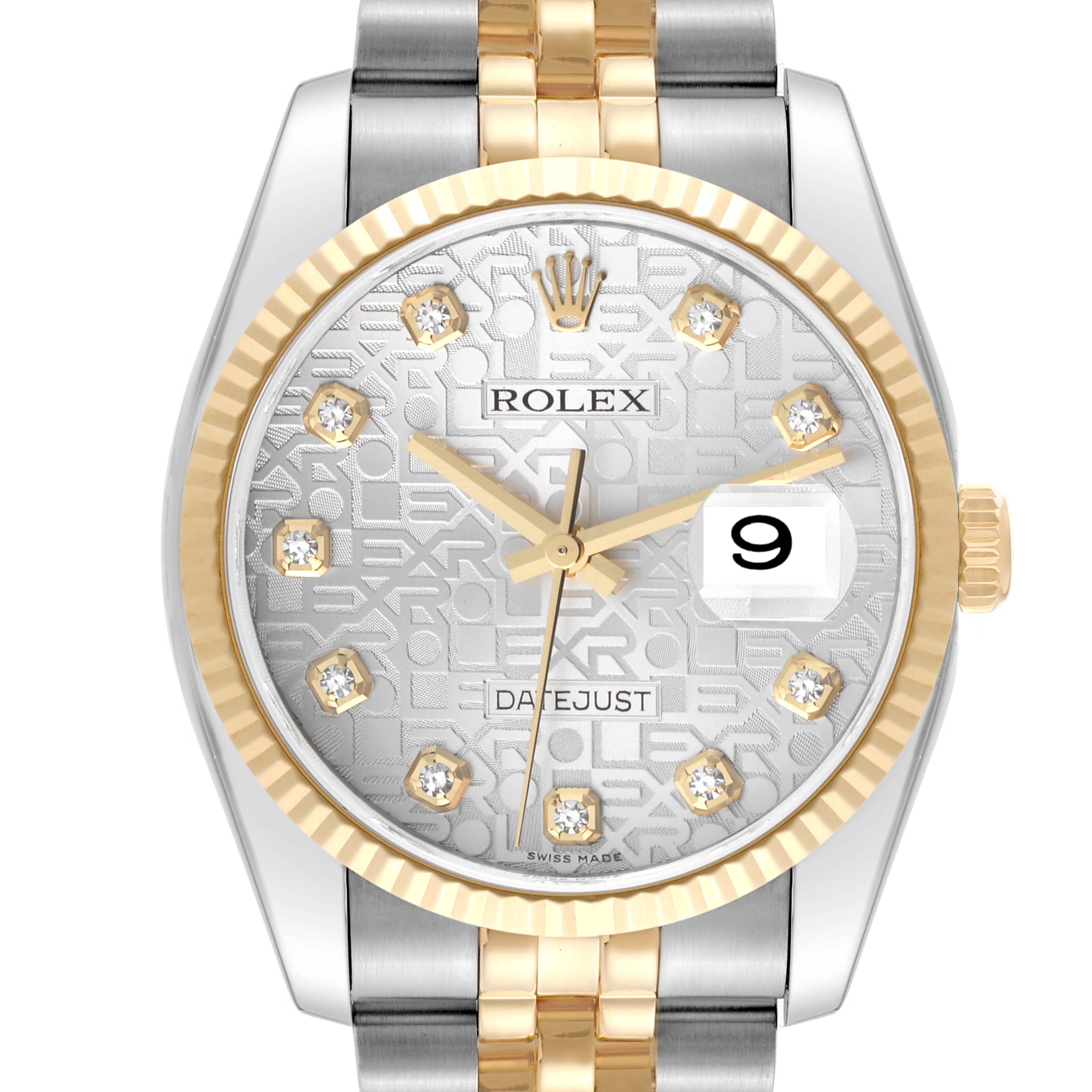 The image shows a close-up of the Rolex Datejust 116233 Men's Steel and Gold (two tone) Silver Dial 116233 Men's Steel and Gold (two tone) Silver Dial watch, highlighting its dial, bezel, and part of the bracelet.