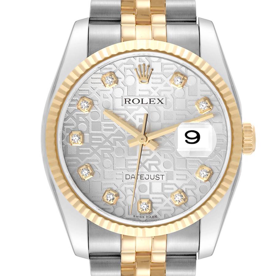 The image shows a close-up of the Rolex Datejust watch, highlighting its dial, bezel, and part of the bracelet.