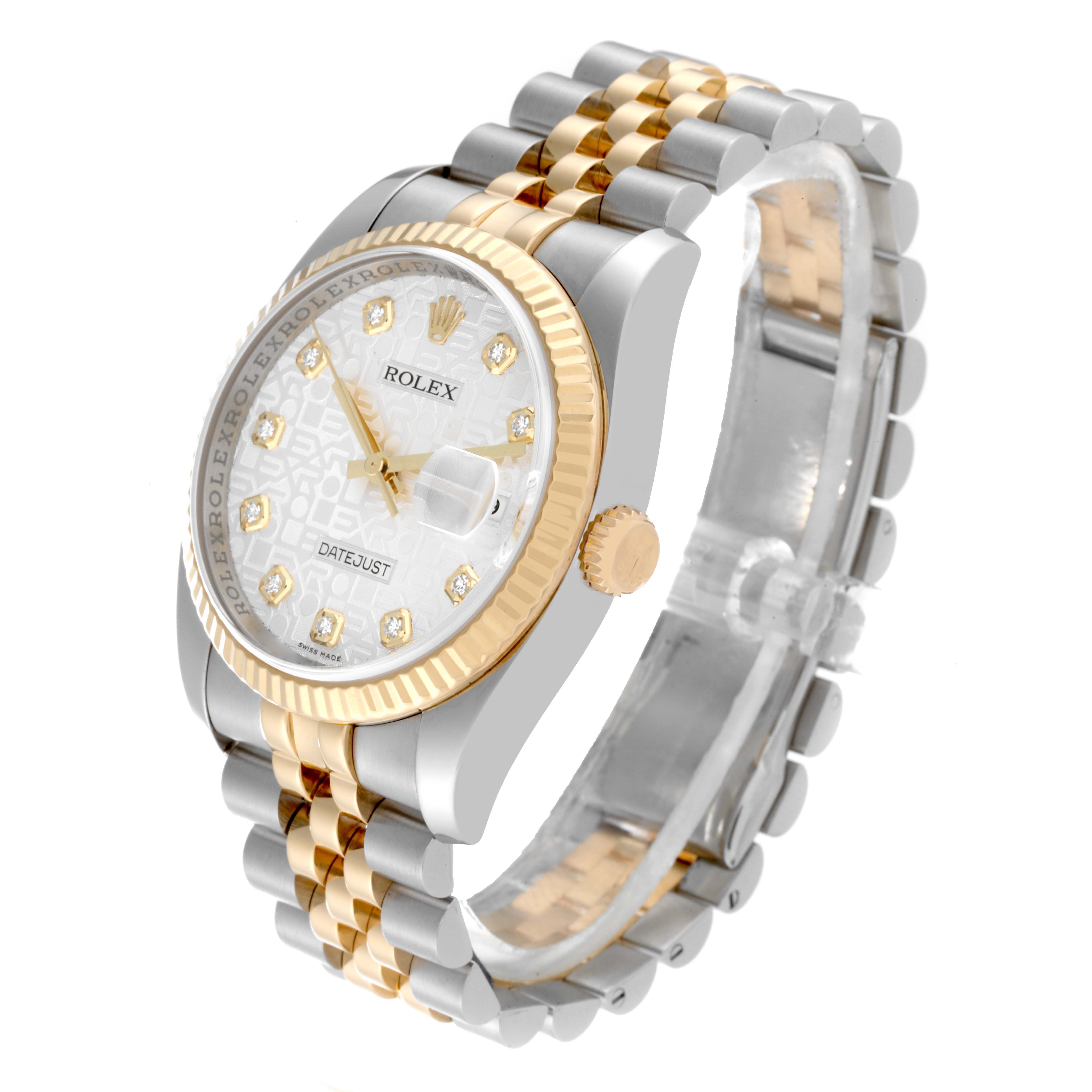 The Rolex Datejust 116233 Men's Steel and Gold (two tone) Silver Dial 116233 Men's Steel and Gold (two tone) Silver Dial watch is shown at a slight top-side angle, highlighting its face, bezel, and bracelet.