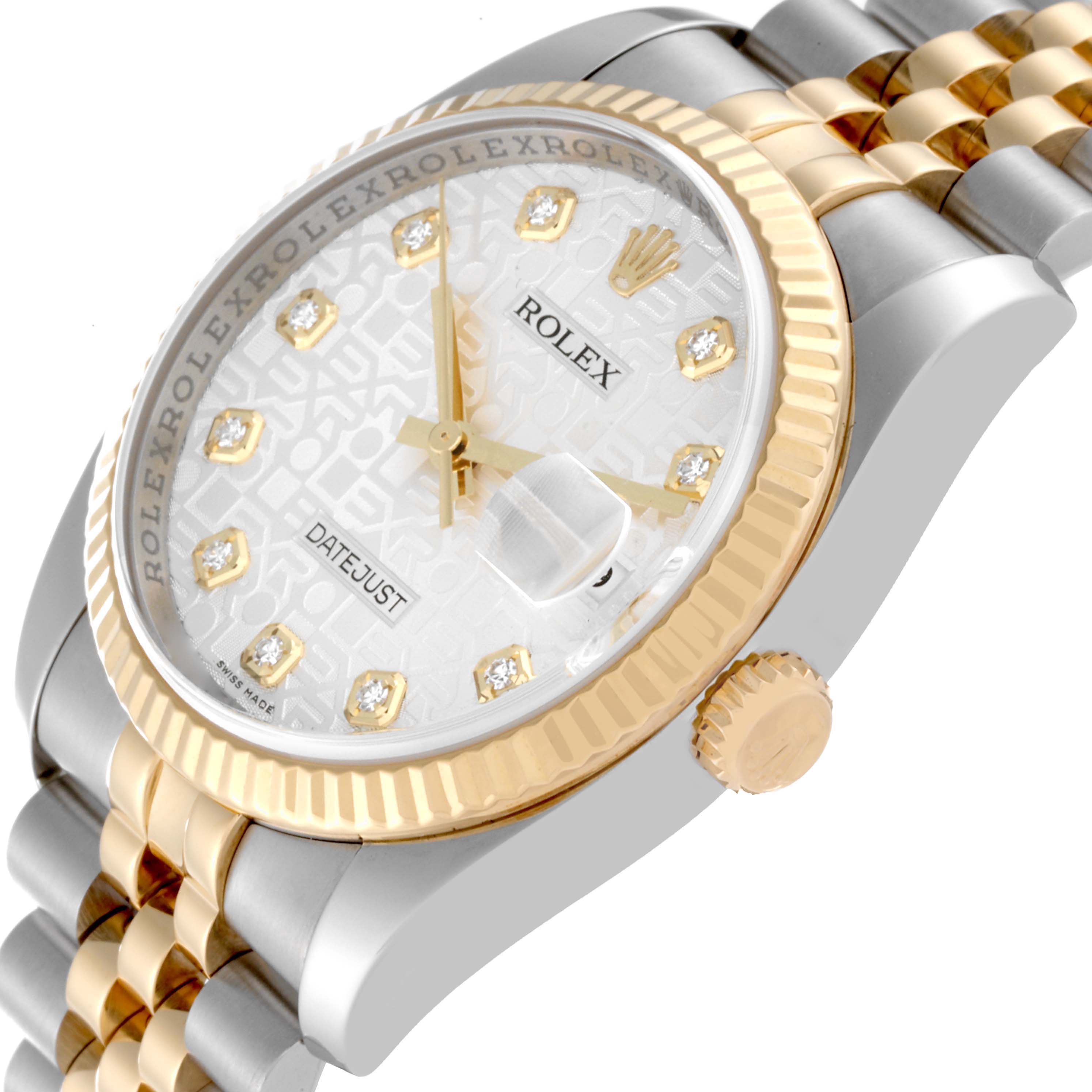This Rolex Datejust 116233 Men's Steel and Gold (two tone) Silver Dial 116233 Men's Steel and Gold (two tone) Silver Dial watch is shown at an oblique angle, highlighting its dial, fluted bezel, jubilee bracelet, and crown.