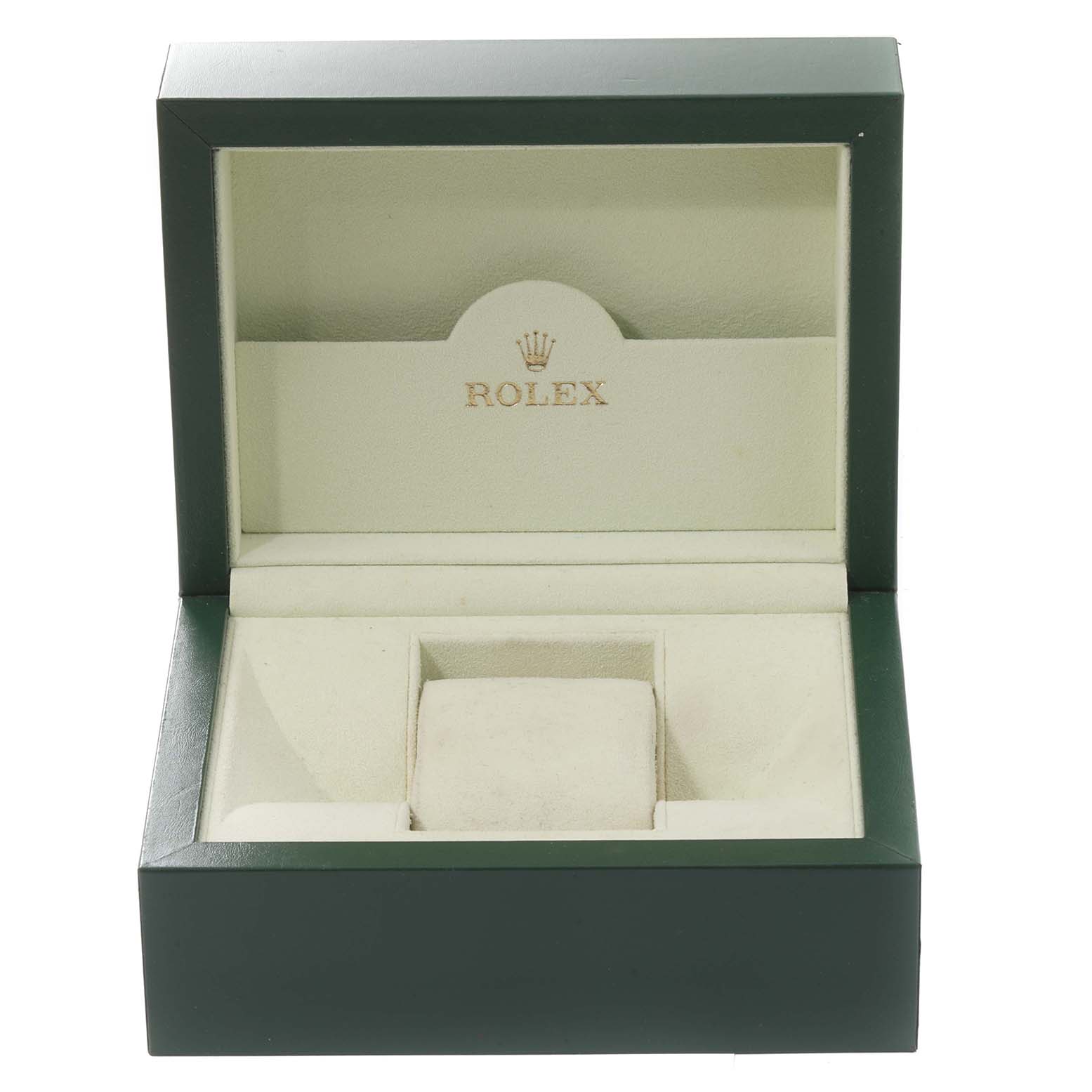 This image shows an open Rolex Datejust 116233 Men's Steel and Gold (two tone) Silver Dial 116233 Men's Steel and Gold (two tone) Silver Dial watch box, revealing the interior compartment designed to hold the watch.