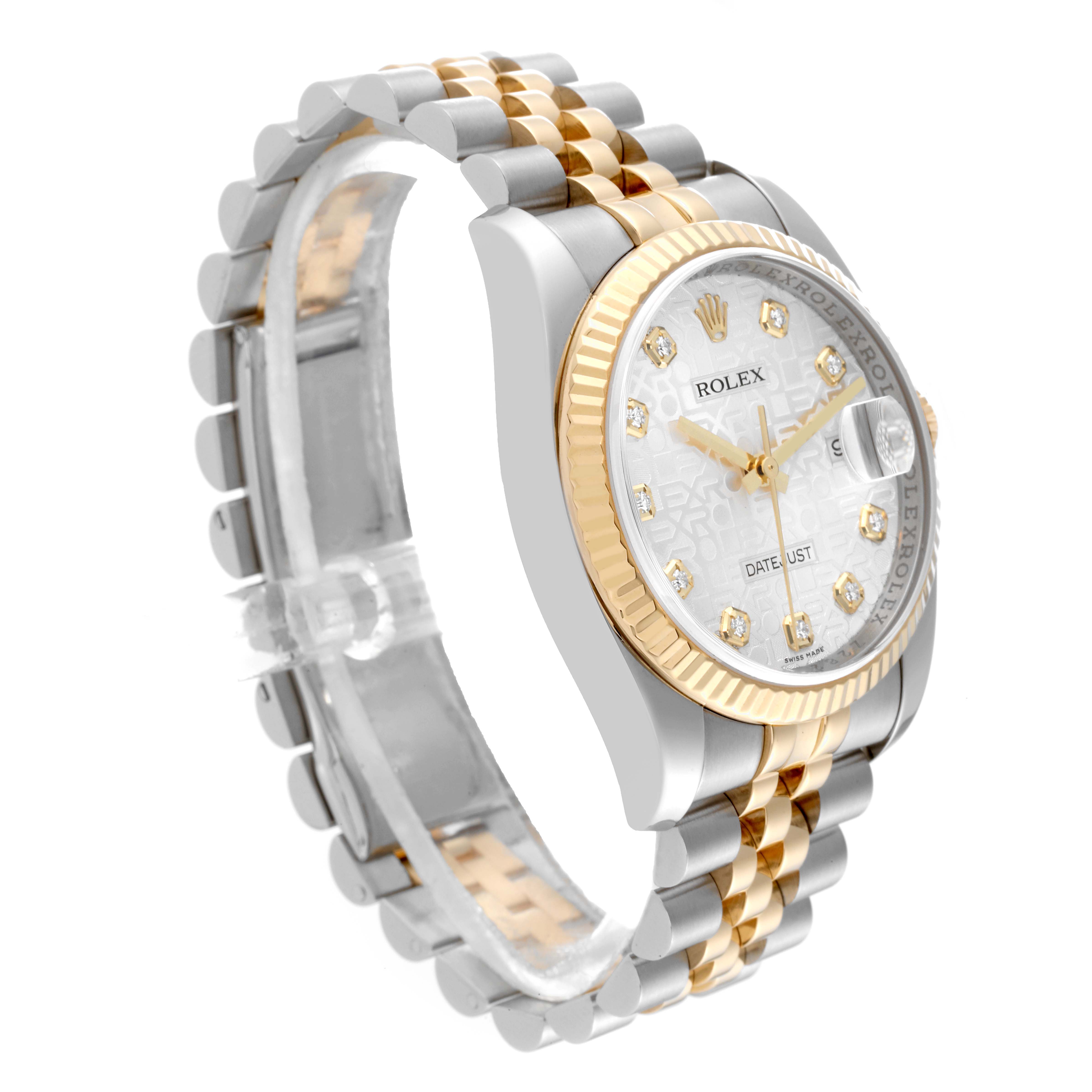 This image shows a Rolex Datejust 116233 Men's Steel and Gold (two tone) Silver Dial 116233 Men's Steel and Gold (two tone) Silver Dial watch at a slight angle, highlighting its two-tone bracelet, dial, and fluted bezel.